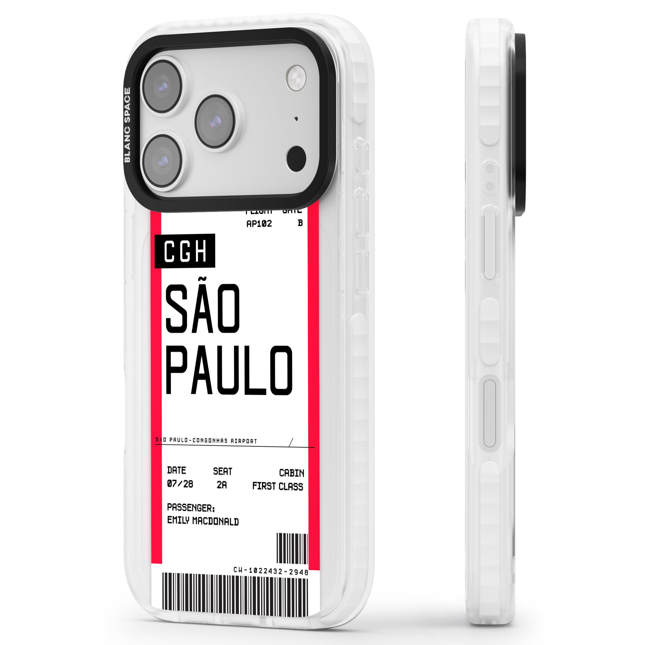 Personalised São Paulo Boarding Pass iPhone 17 Pro Impact Clear Phone Case Side Profile