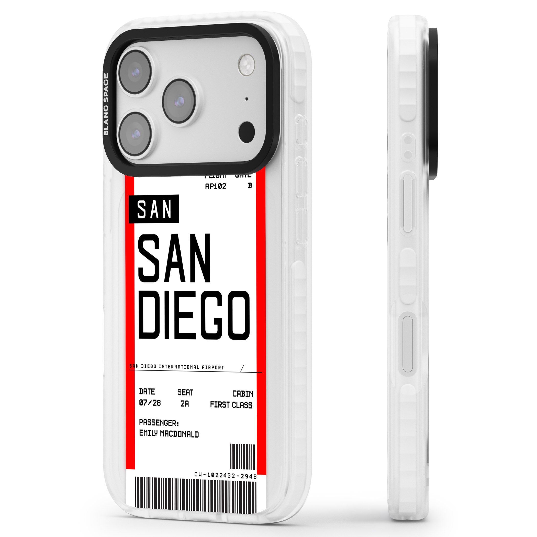 Personalised San Diego Boarding Pass iPhone 17 Pro Impact Clear Phone Case Side Profile