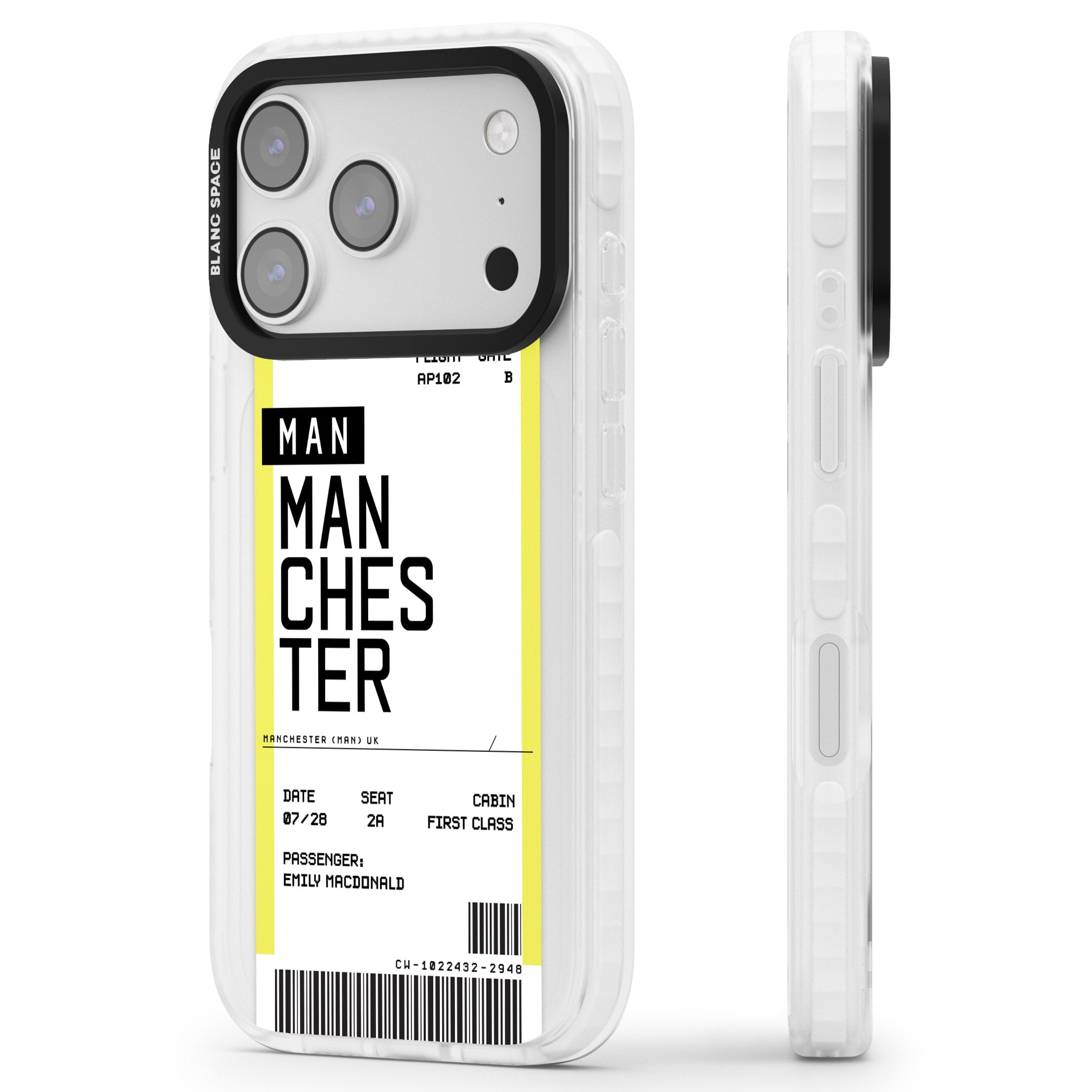 Personalised Manchester Boarding Pass iPhone 17 Pro Max Impact Clear Phone Case Side Profile