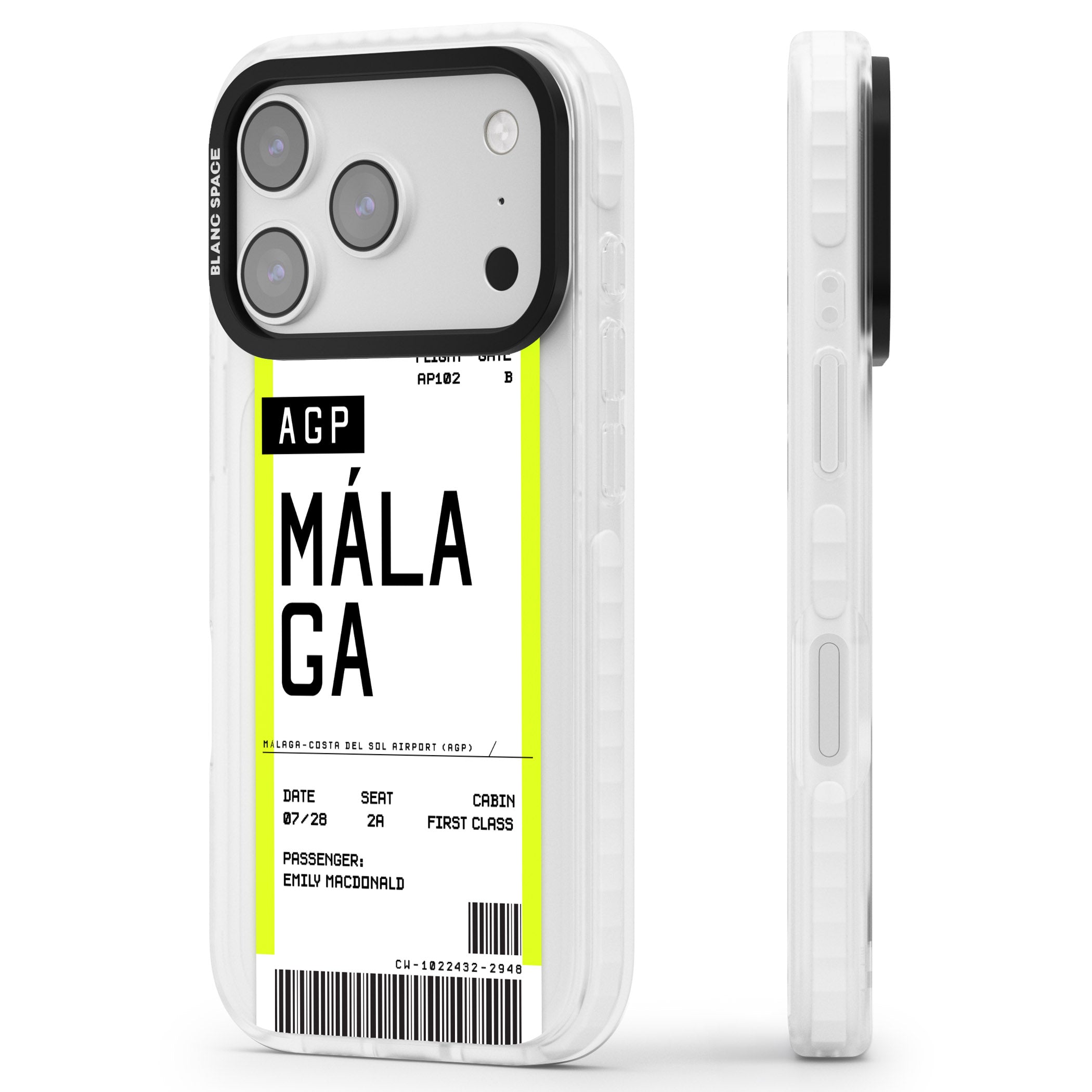 Personalised Málaga Boarding Pass iPhone 17 Pro Max Impact Clear Phone Case Side Profile
