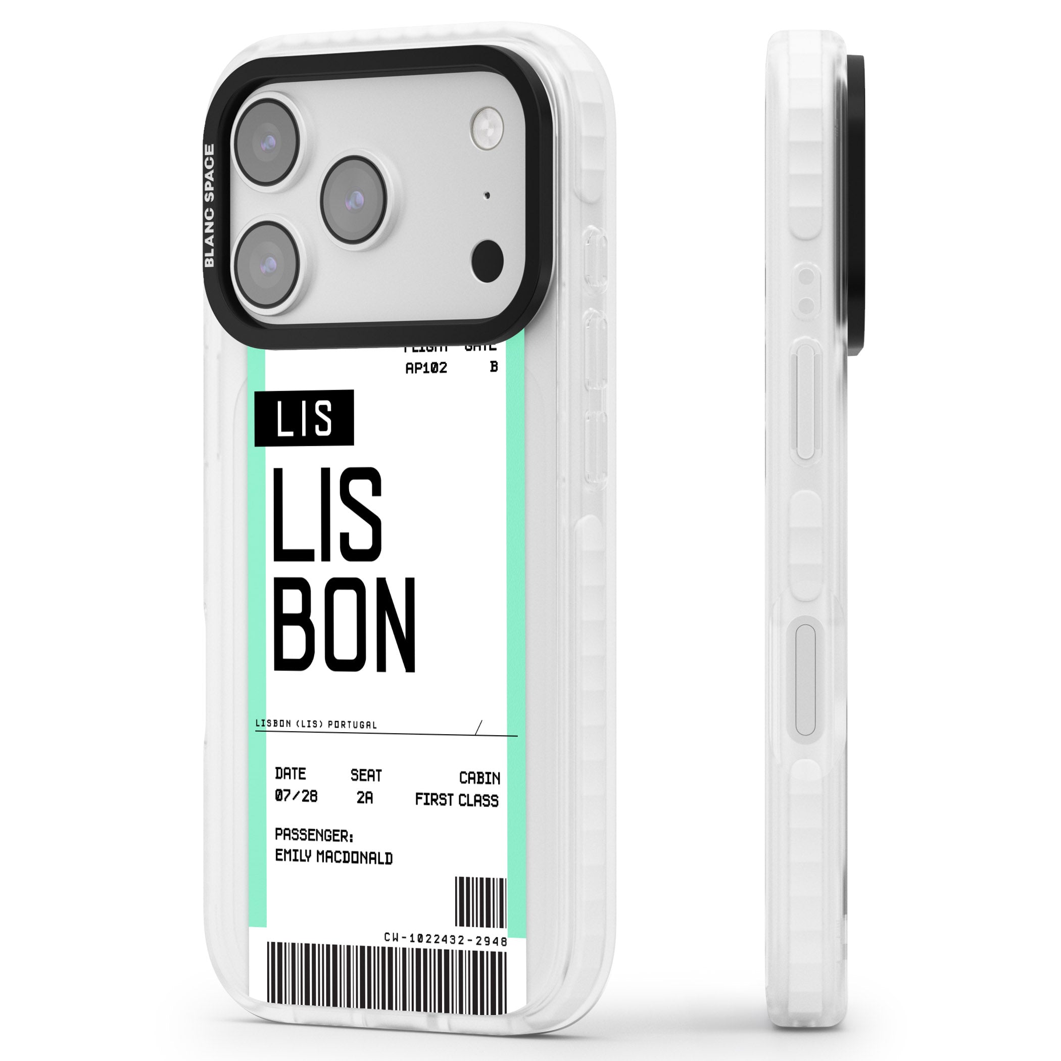 Personalised Lisbon Boarding Pass iPhone 17 Pro Max Impact Clear Phone Case Side Profile