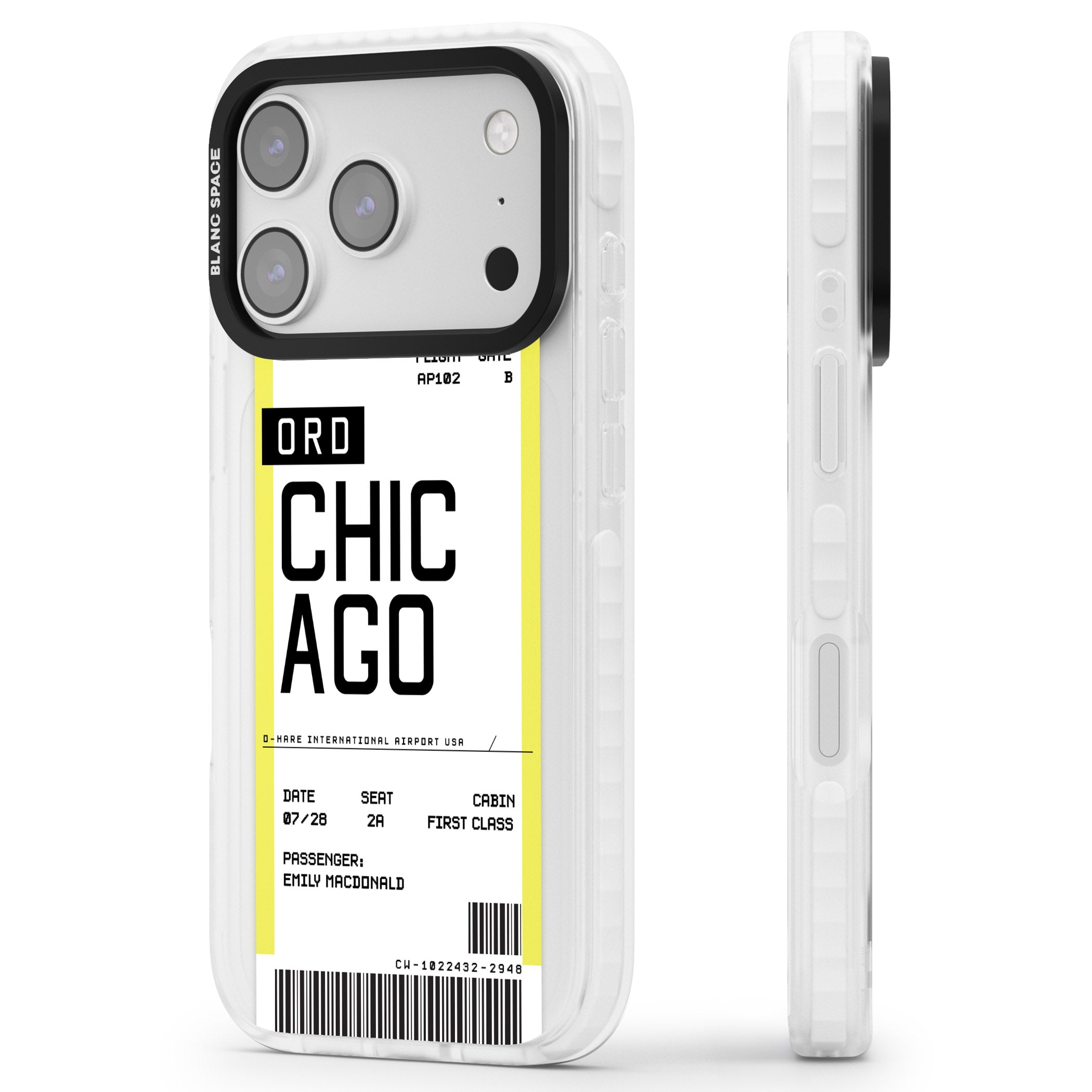 Personalised Chicago Boarding Pass iPhone 17 Pro Impact Clear Phone Case Side Profile