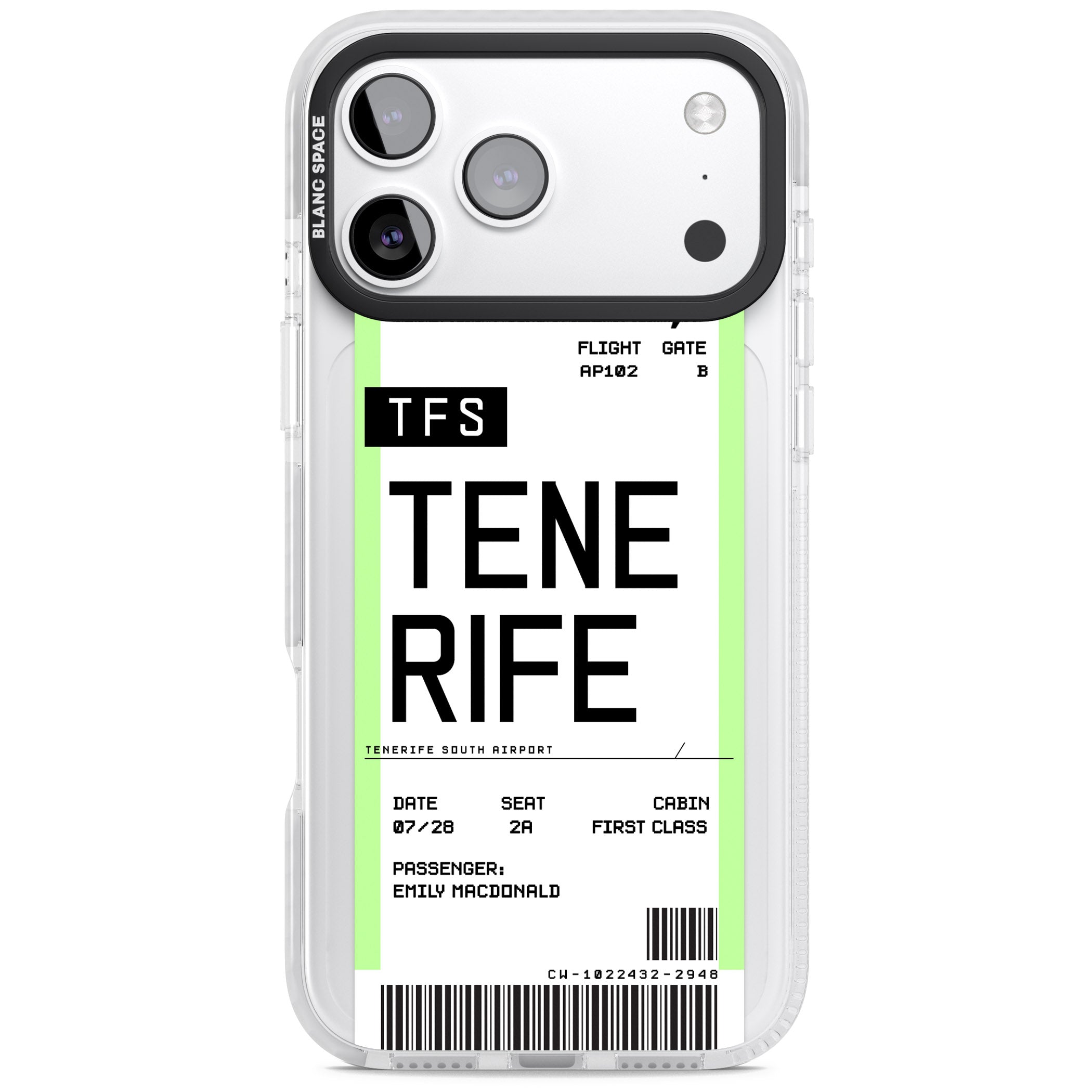 Personalised Tenerife Boarding Pass iPhone 17 Pro Max Impact Clear Phone Case