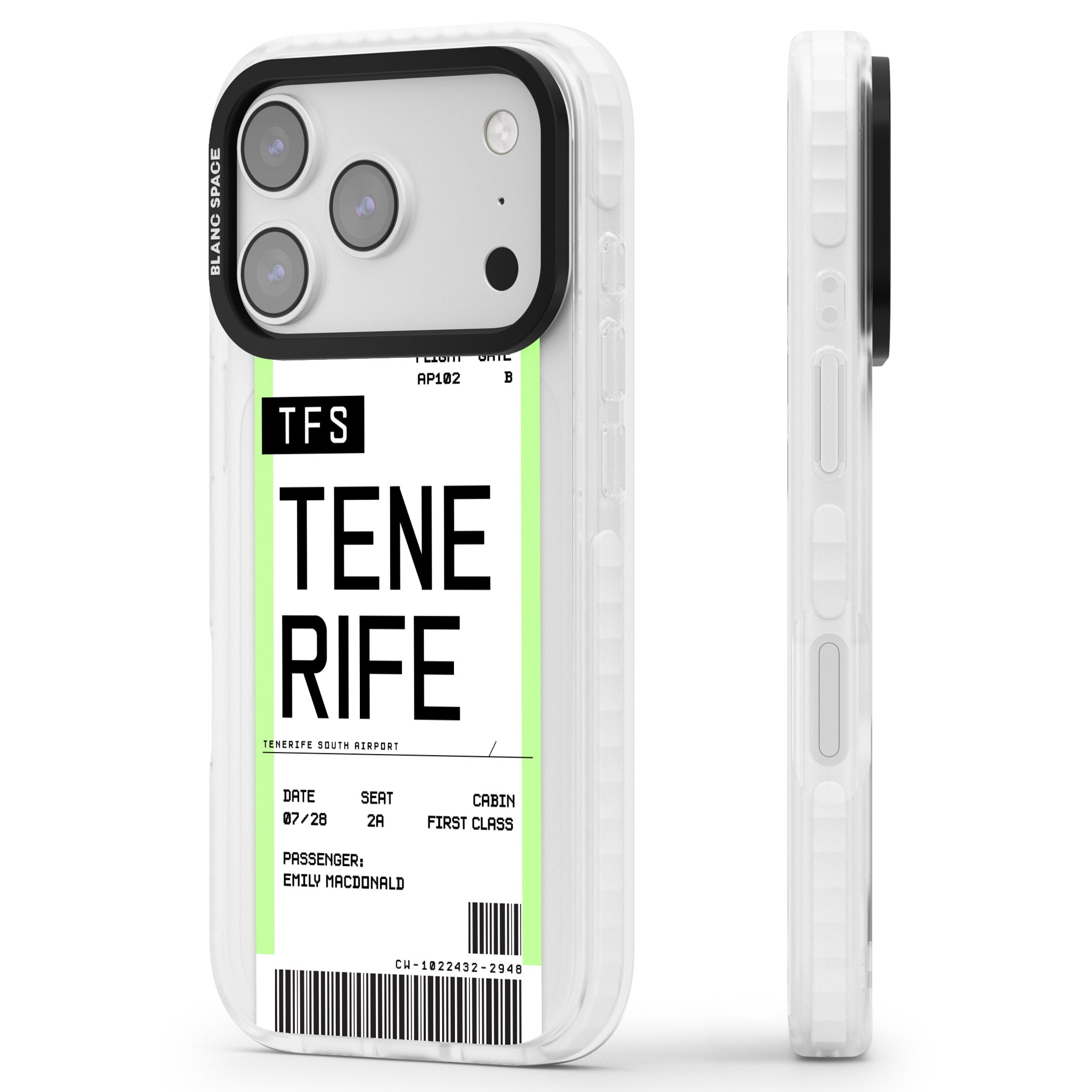 Personalised Tenerife Boarding Pass iPhone 17 Pro Max Impact Clear Phone Case Side Profile