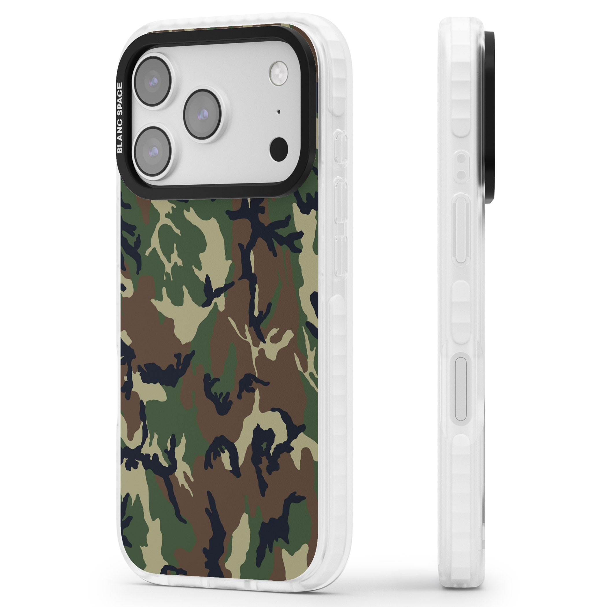 Forest Green Camo iPhone 17 Pro Impact Clear Phone Case Side Profile