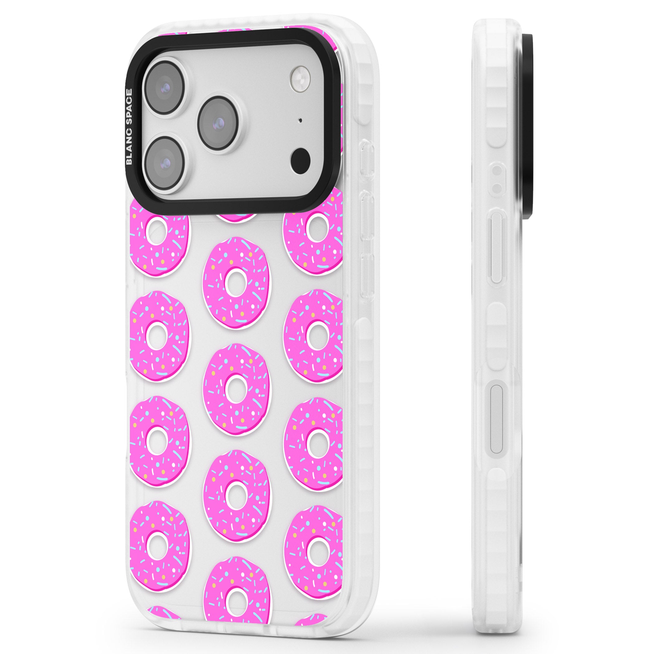 Pink Donut Pattern iPhone 17 Pro Impact Clear Phone Case Side Profile