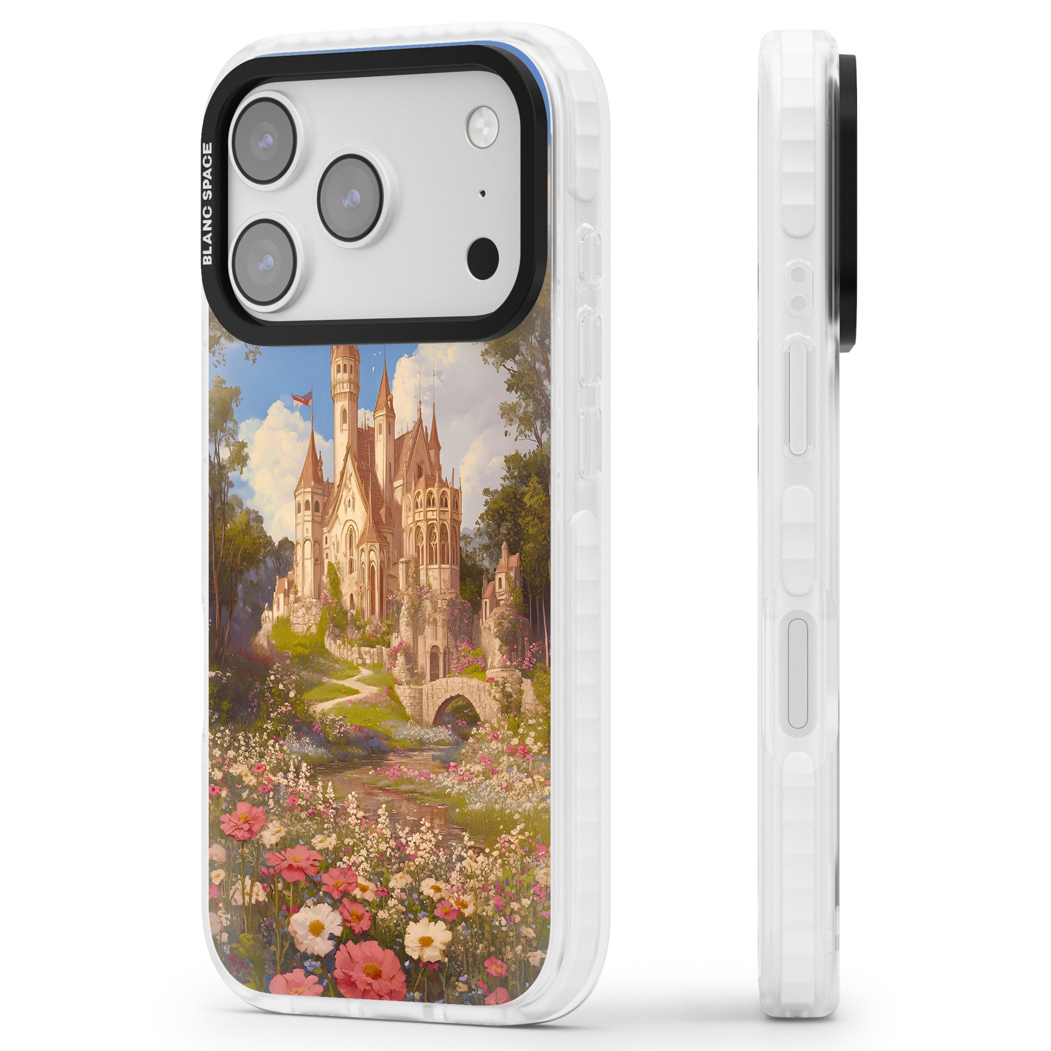 Castle Flower Fields iPhone 17 Pro Impact Clear Phone Case Side Profile