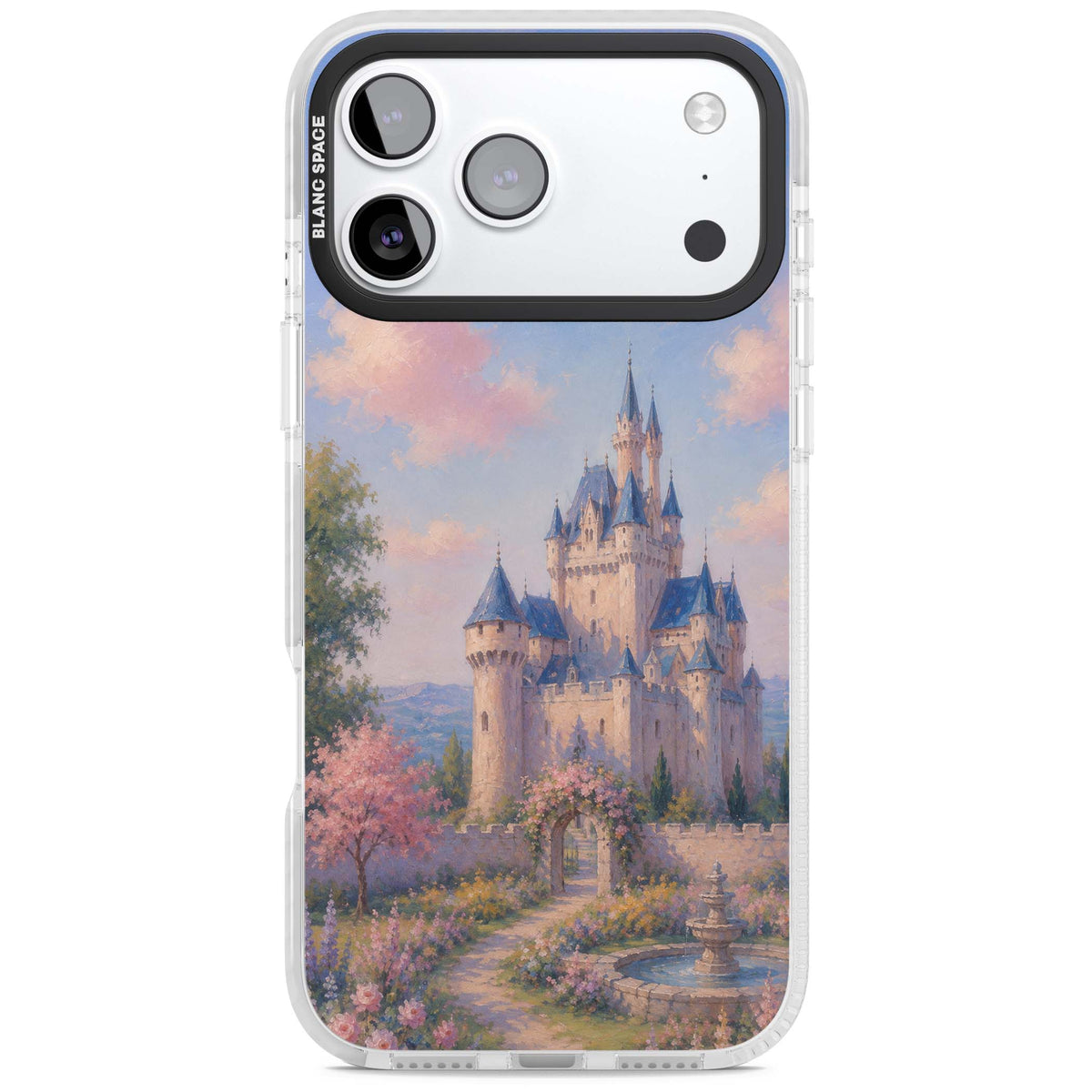 Enchanted Kingdom fairytale iPhone case featuring a romantic castle painting with cherry blossoms and pastel pink sky | Black Impact case for iPhone 17 Pro, iPhone 17 Pro Max