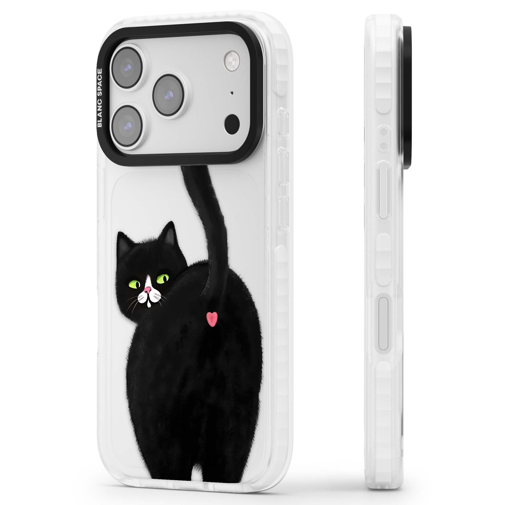 The Cat's Kiss cute cat iPhone case featuring a hand-painted tuxedo kitty with green eyes and a pink heart on a clear | Black Impact case for iPhone 17 Pro, iPhone 17 Pro Max