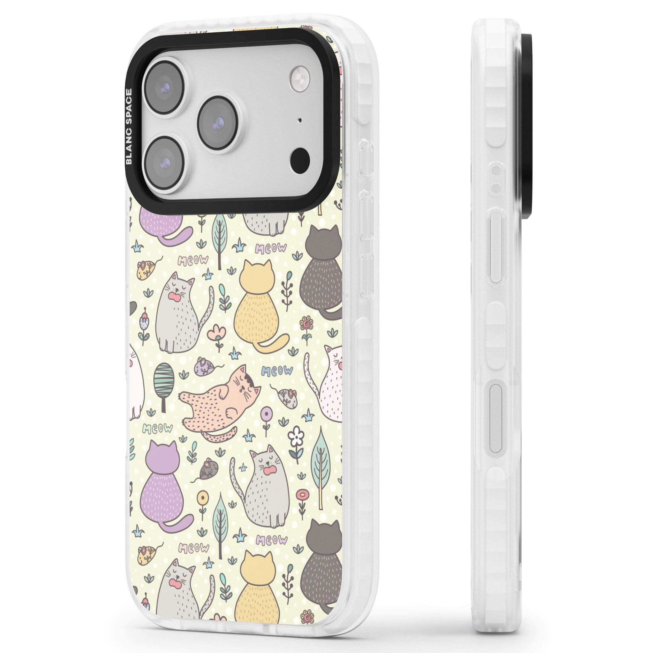 Cat Pattern Cream iPhone 17 Pro Impact Clear Phone Case Side Profile