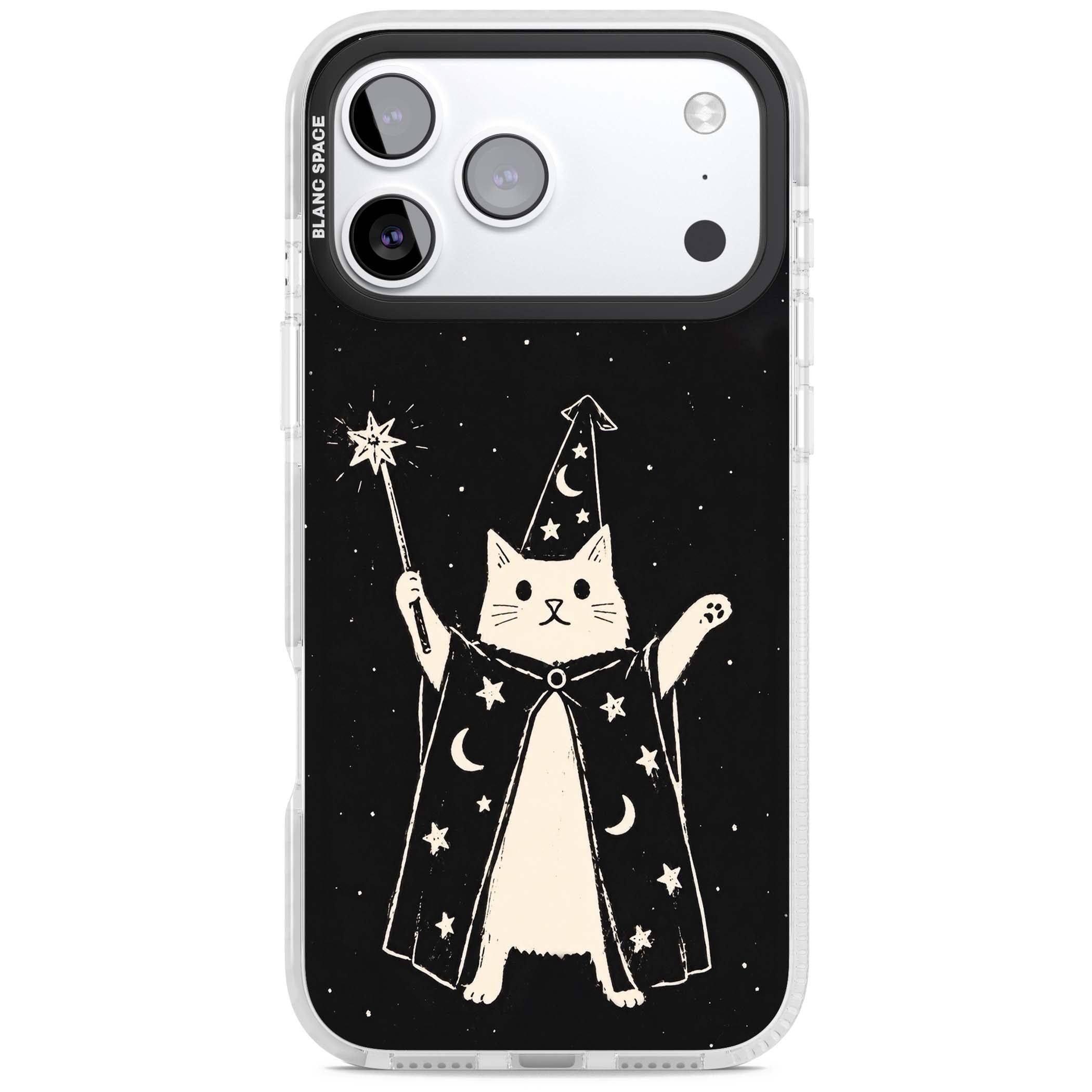 Whisker Wizard celestial cat iPhone case featuring a wizard cat with magic wand, starry night sky and crescent moons | Black Impact case for iPhone 17 Pro, iPhone 17 Pro Max