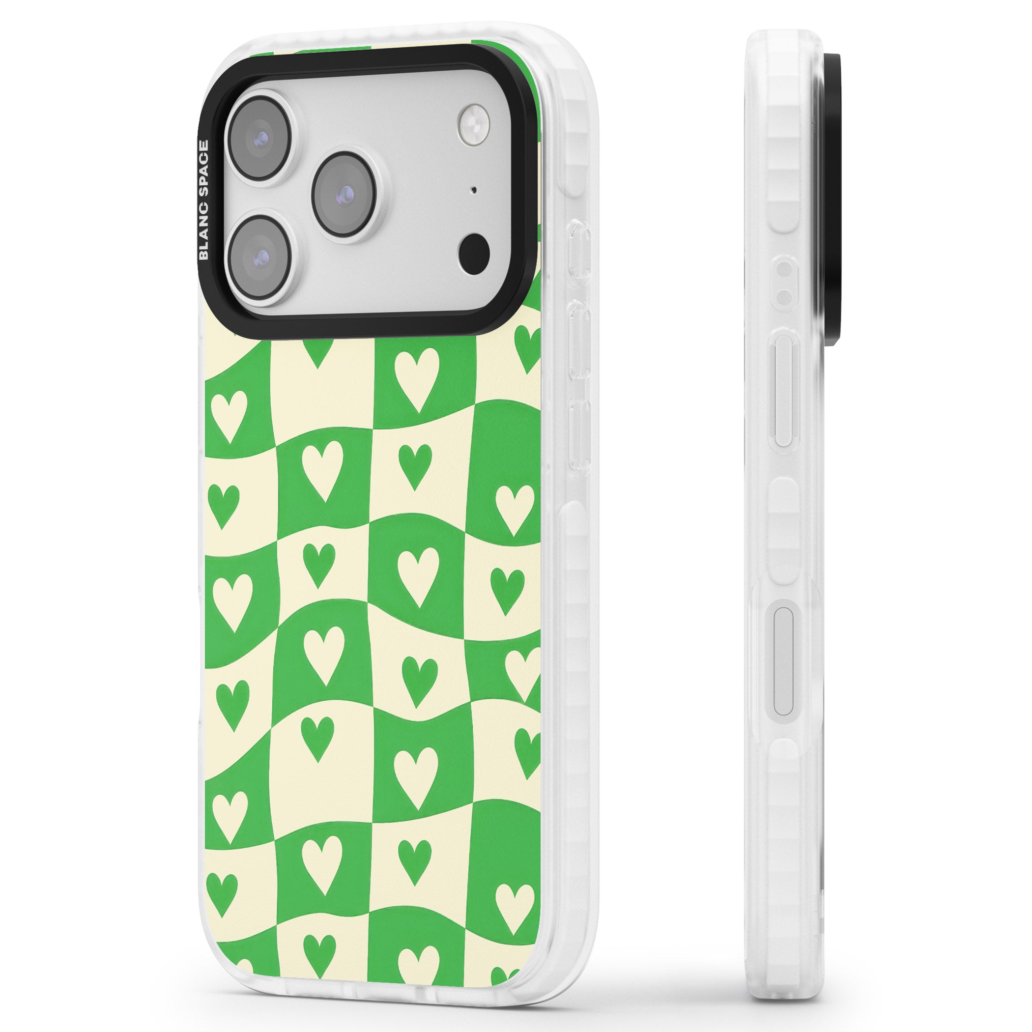 Green Wavy Checked Hearts iPhone 17 Pro Impact Clear Phone Case Side Profile