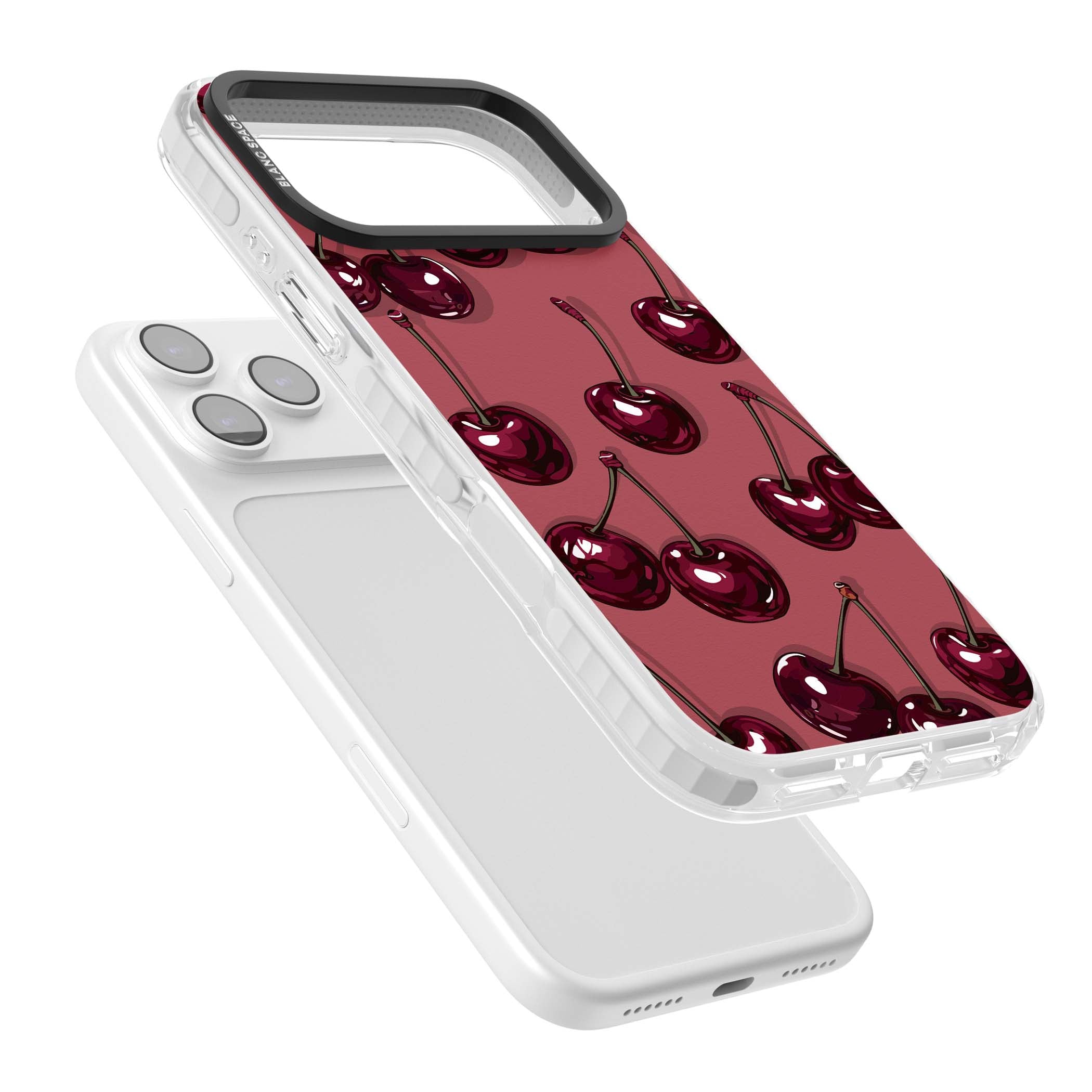 Cherry Rebel coquette iPhone case featuring glossy burgundy cherries on a dusty rose background | Black Impact case for iPhone 17 Pro, iPhone 17 Pro Max