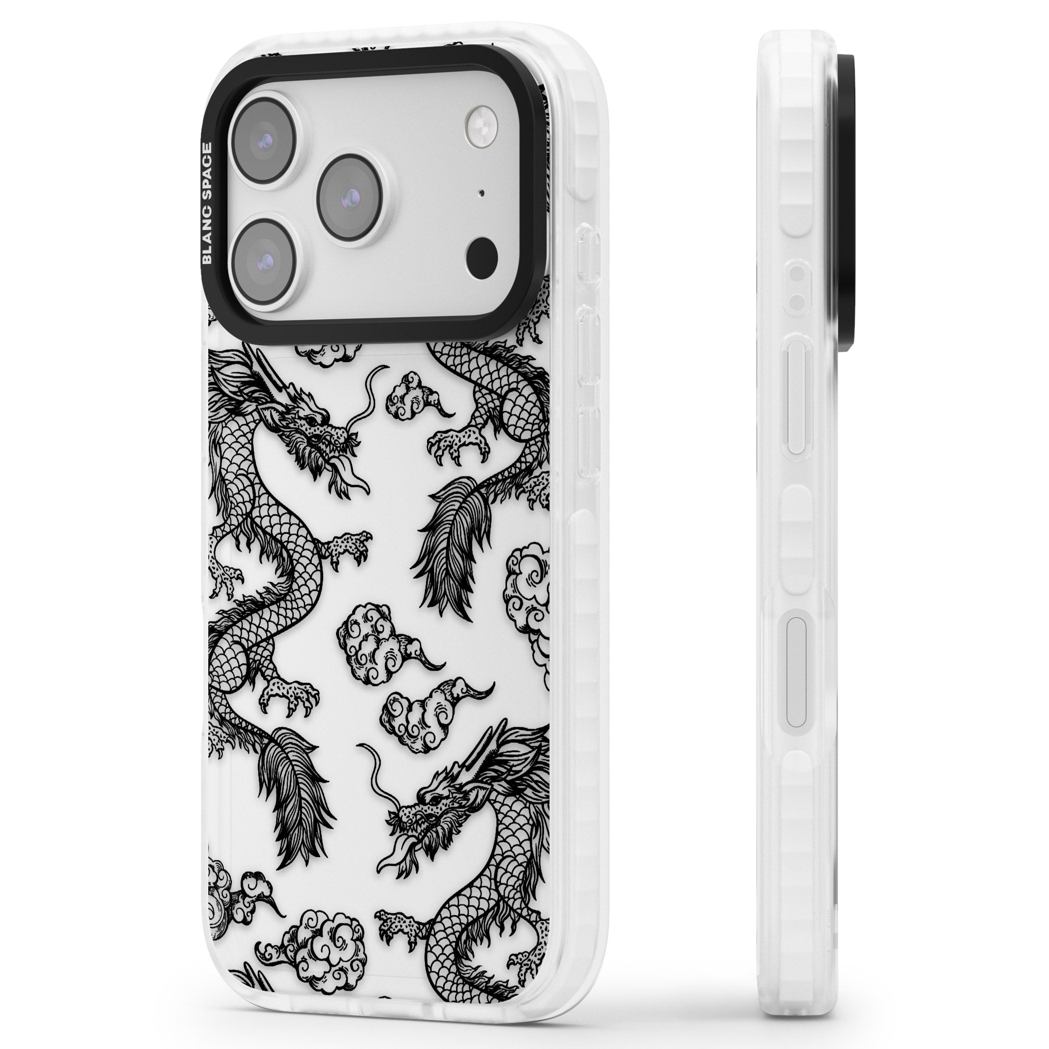 Black Dragon Pattern iPhone 17 Pro Impact Clear Phone Case Side Profile