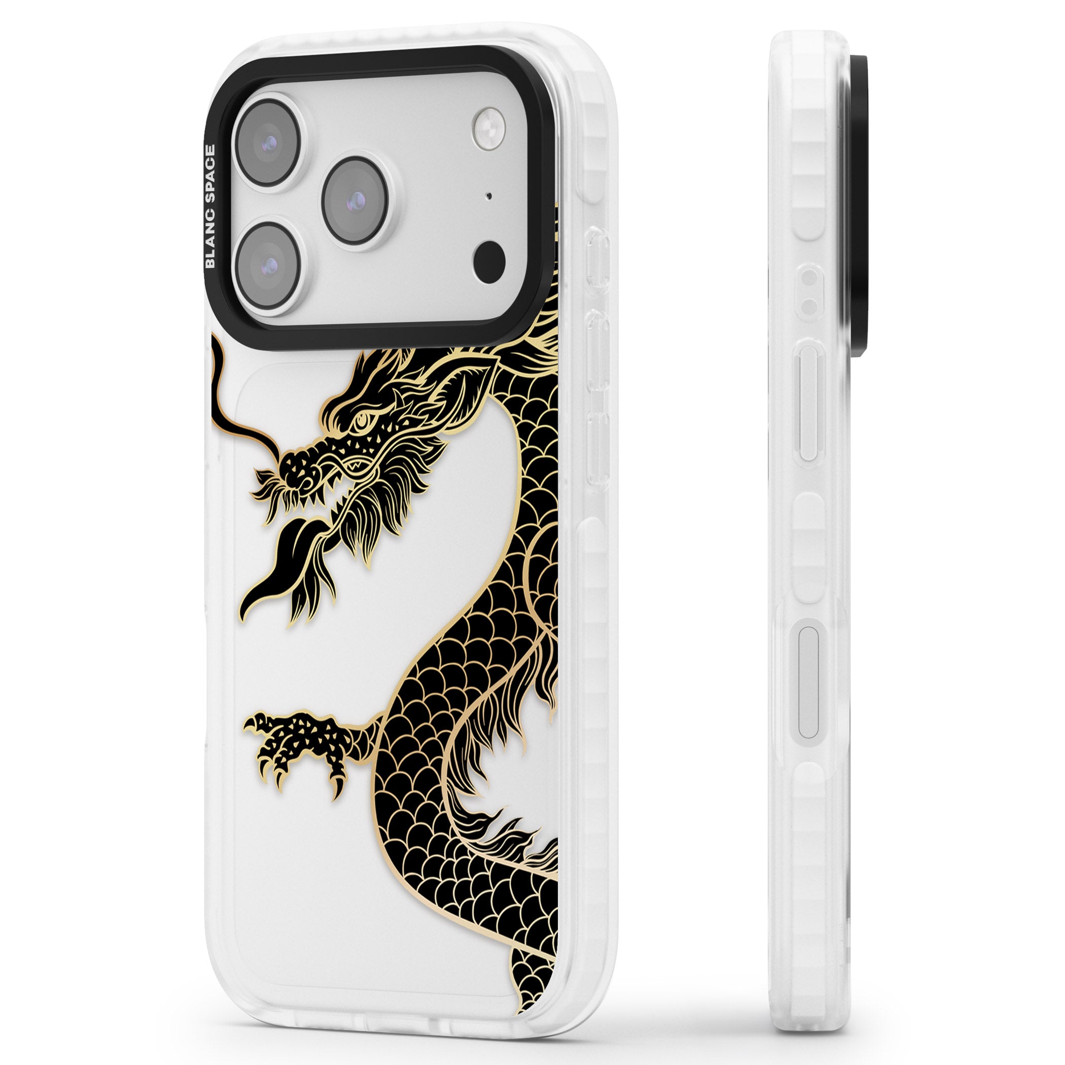 Large Black Dragon iPhone 17 Pro Impact Clear Phone Case Side Profile