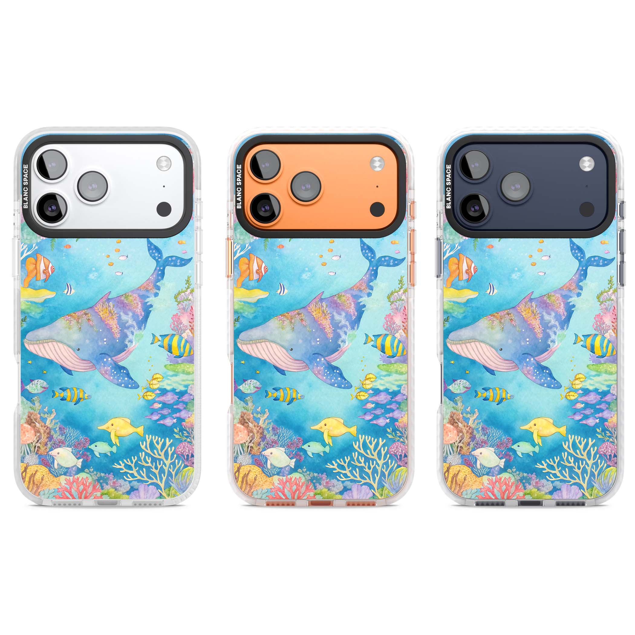 Coral Lagoon ocean iPhone case featuring a watercolour whale, coral reef and tropical fish | Black Impact case for iPhone 17 Pro, iPhone 17 Pro Max