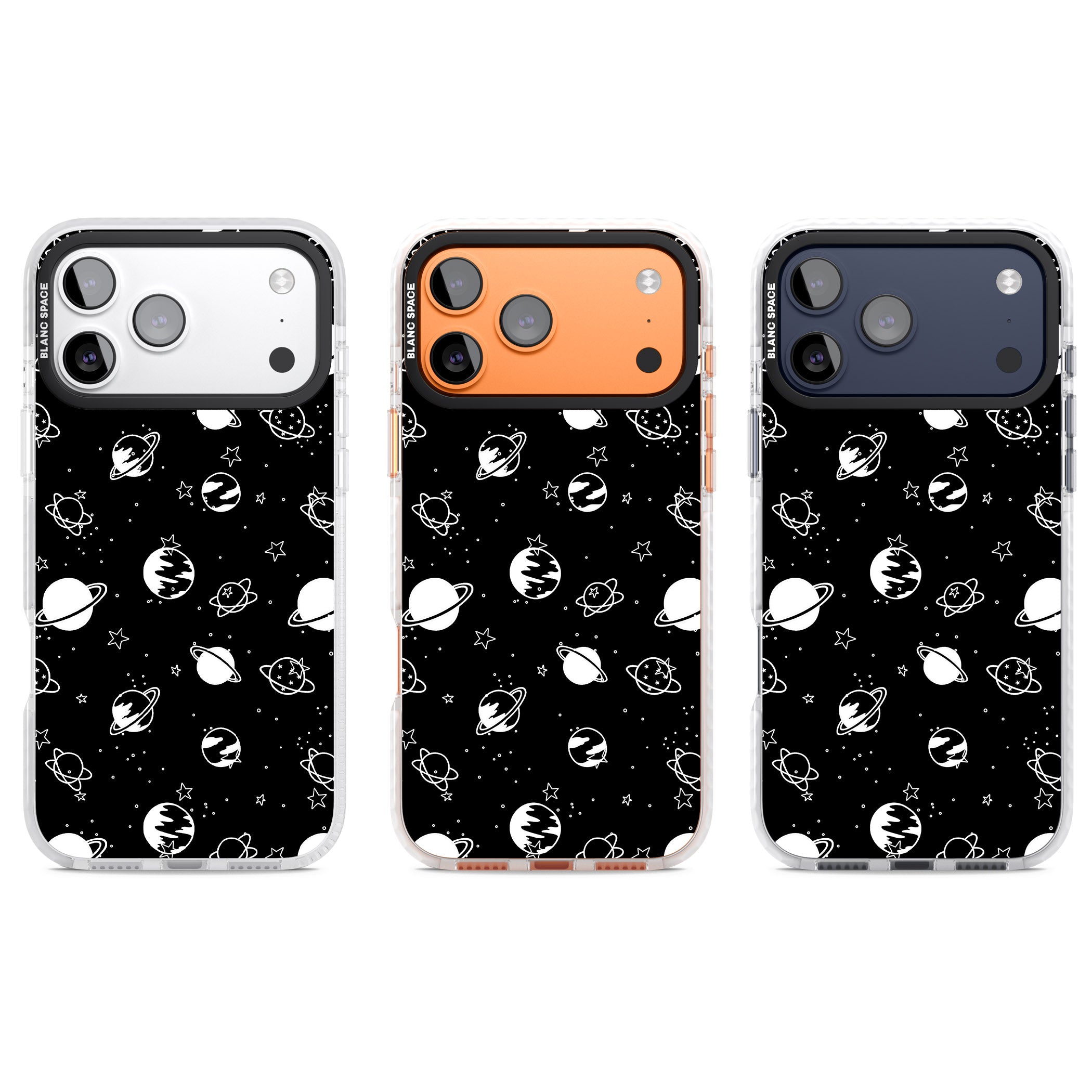 White Planets On Black iPhone 17 Pro Impact Clear Phone Case APT Impact Protection