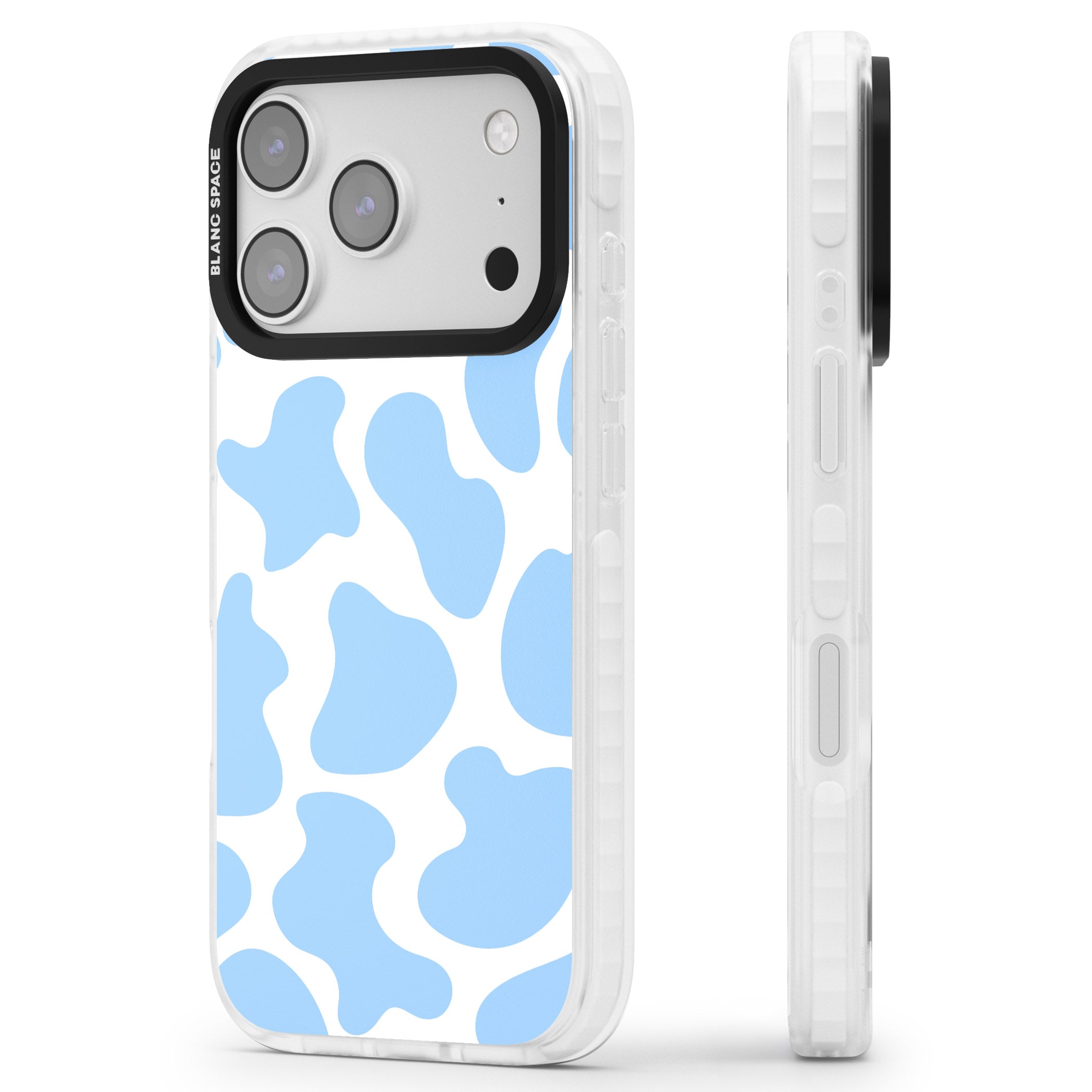 Blue And White Cow Print iPhone 17 Pro Impact Clear Phone Case Side Profile