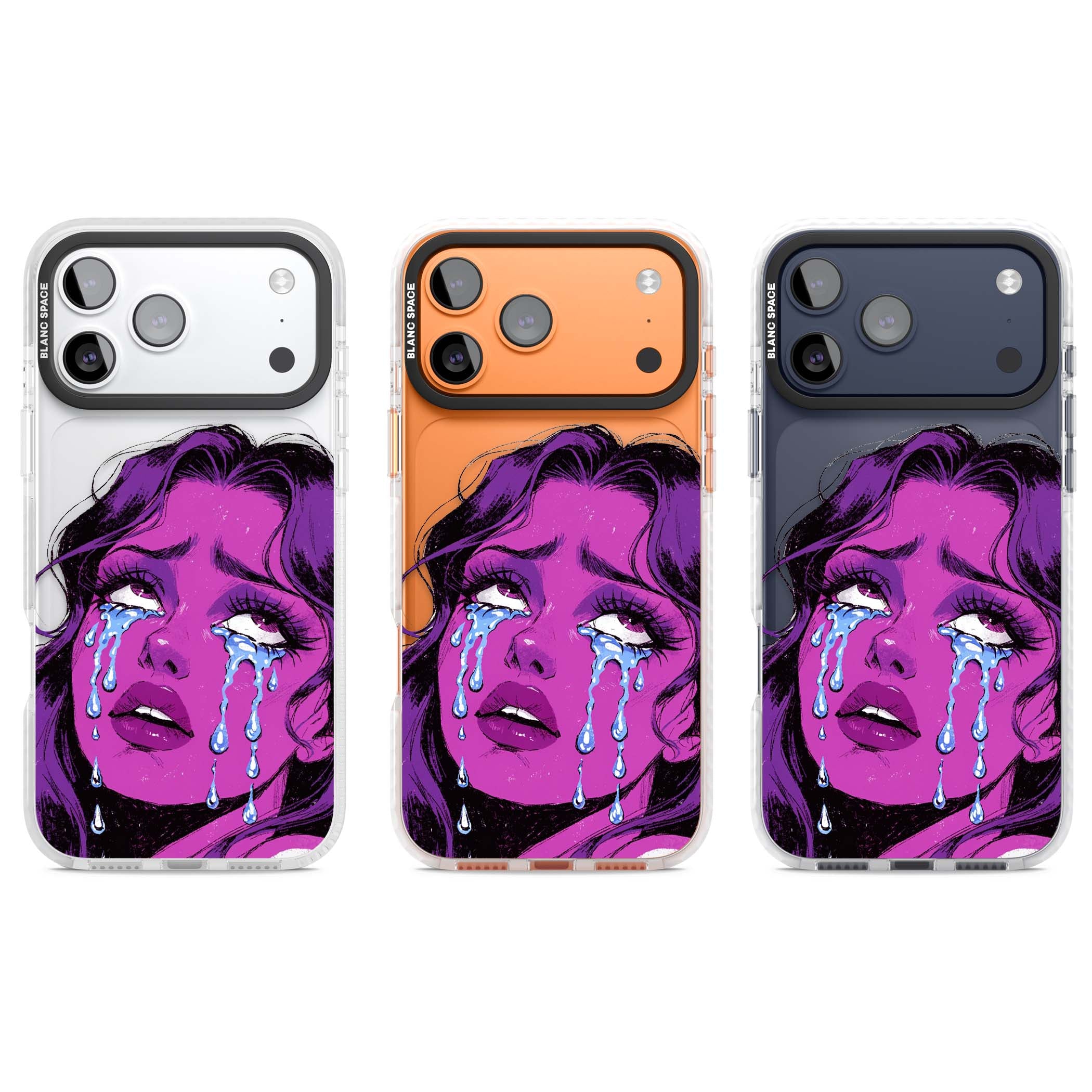Drama Queen pop art iPhone case featuring a purple crying comic girl with blue tears | Black Impact case for iPhone 17 Pro, iPhone 17 Pro Max