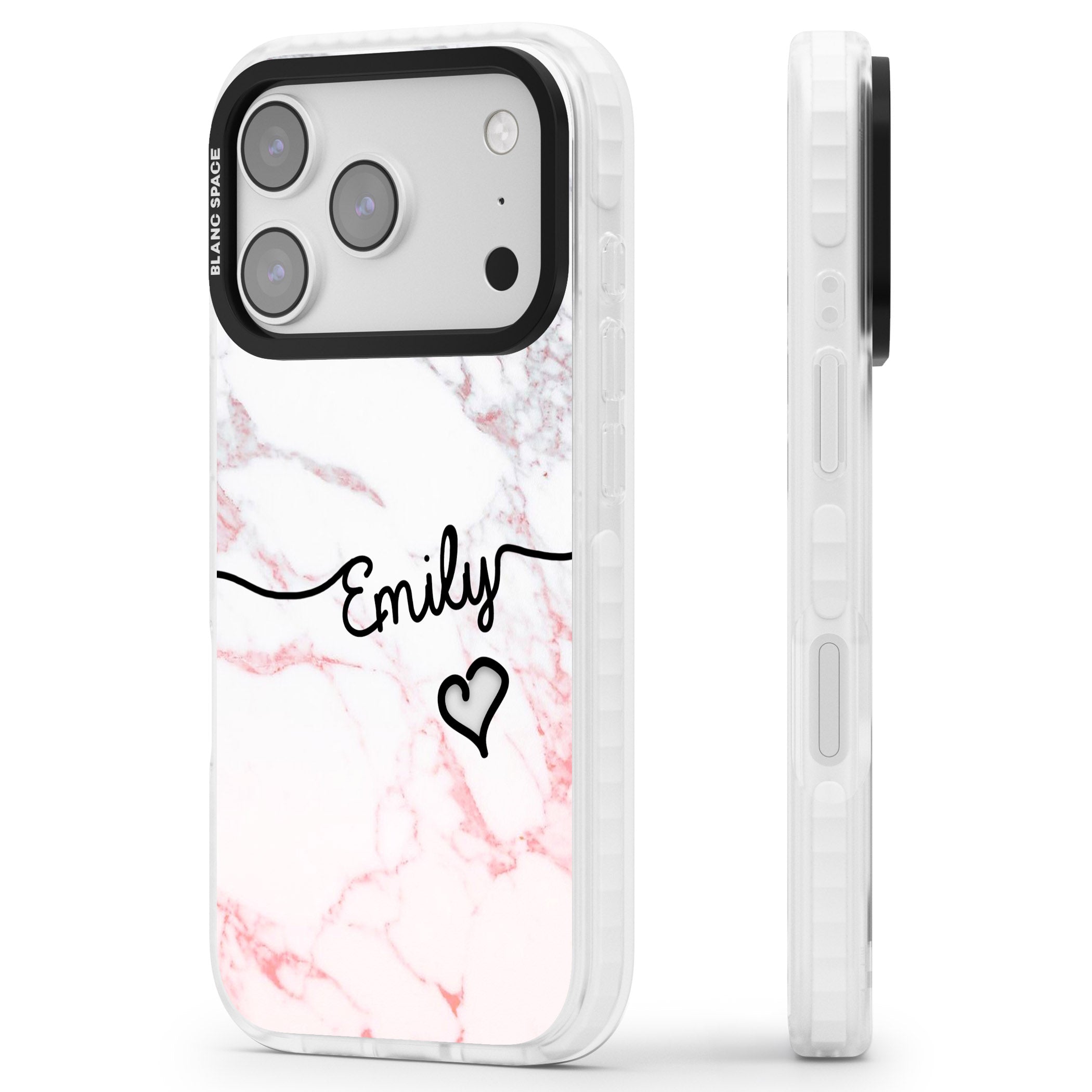 Personalised Pink Fade Marble Heart iPhone 17 Pro Impact Clear Phone Case Side Profile