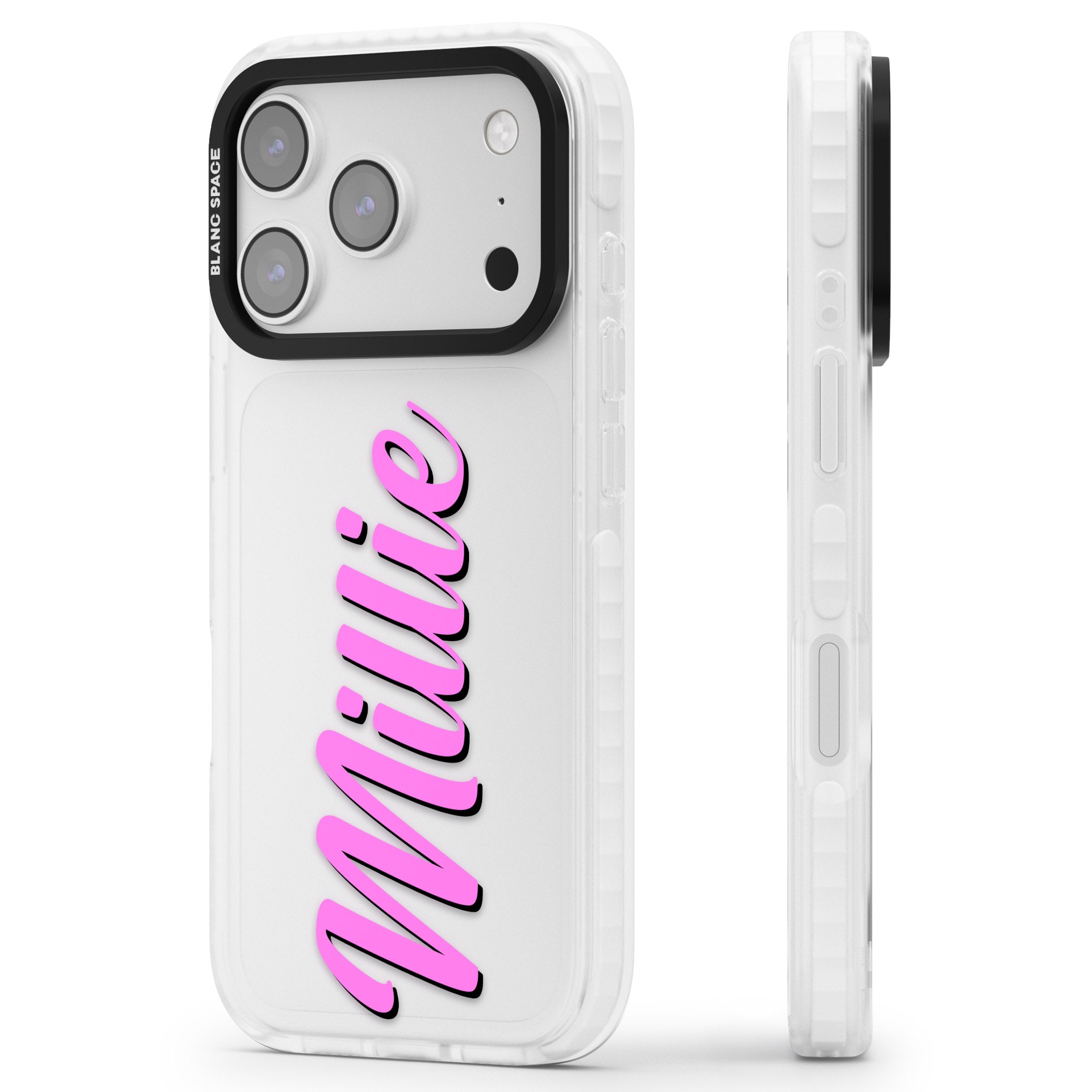 Personalised Cute Vertical Name iPhone 17 Pro Impact Clear Phone Case Side Profile