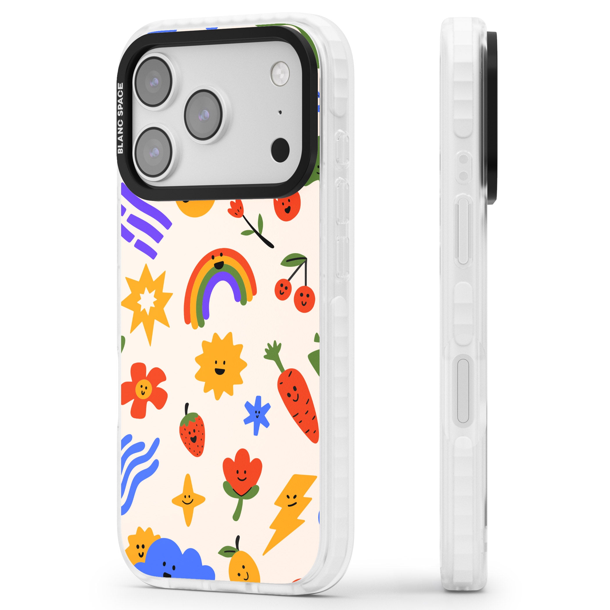 Playful Kawaii Icons iPhone 17 Pro Impact Clear Phone Case Side Profile