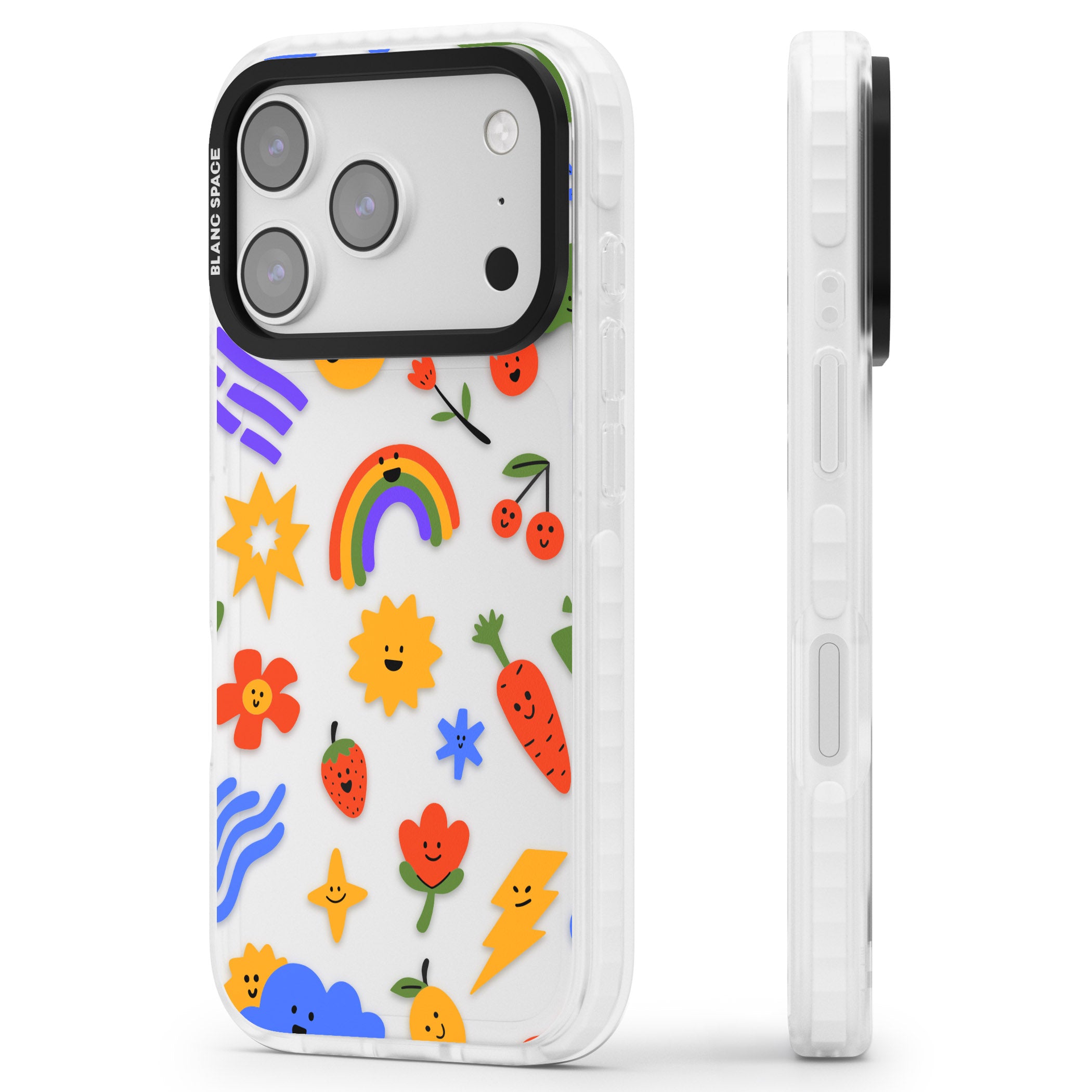 Colorful Kawaii Icons iPhone 17 Pro Impact Clear Phone Case Side Profile