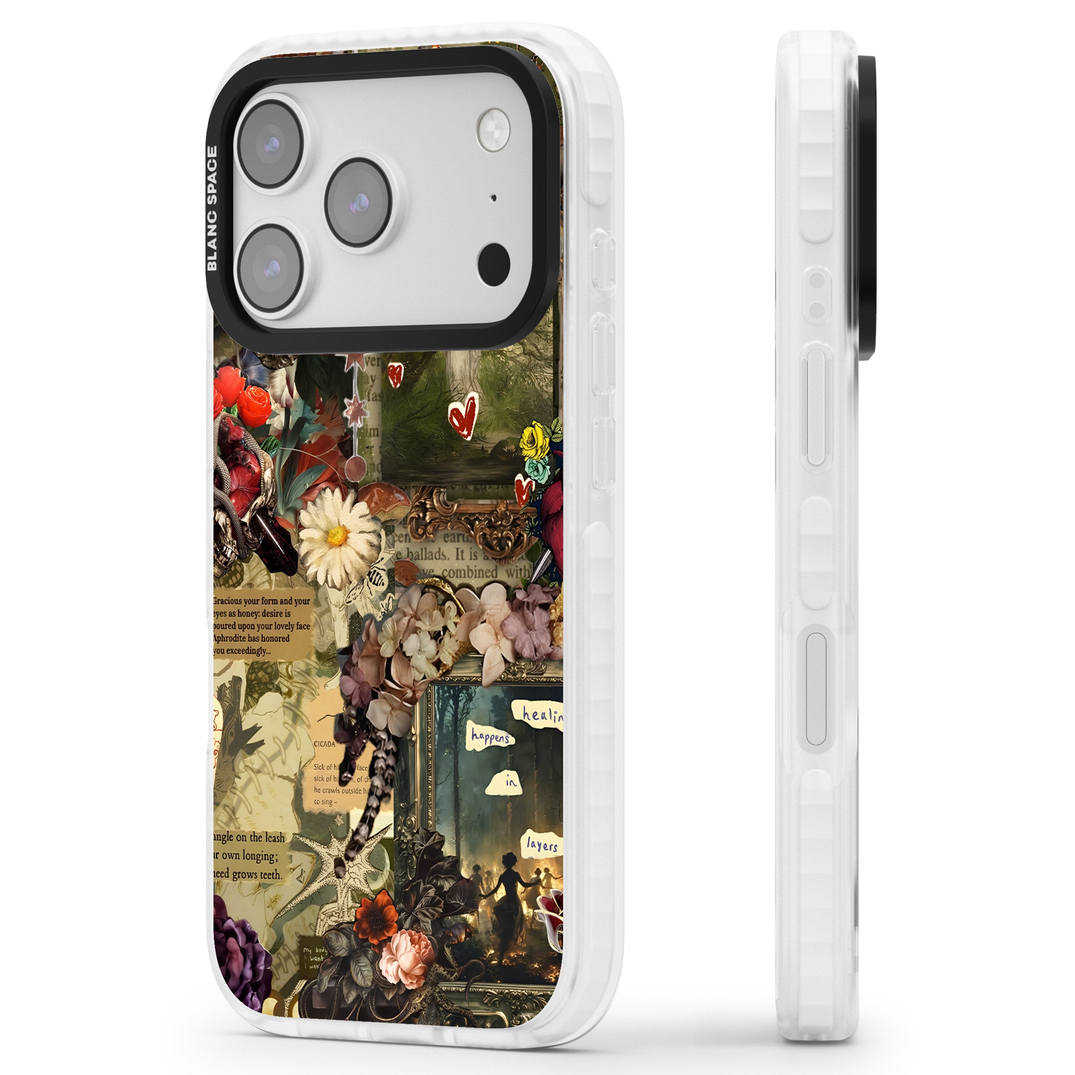 Textbook Romance Collage iPhone 17 Pro Impact Clear Phone Case Side Profile