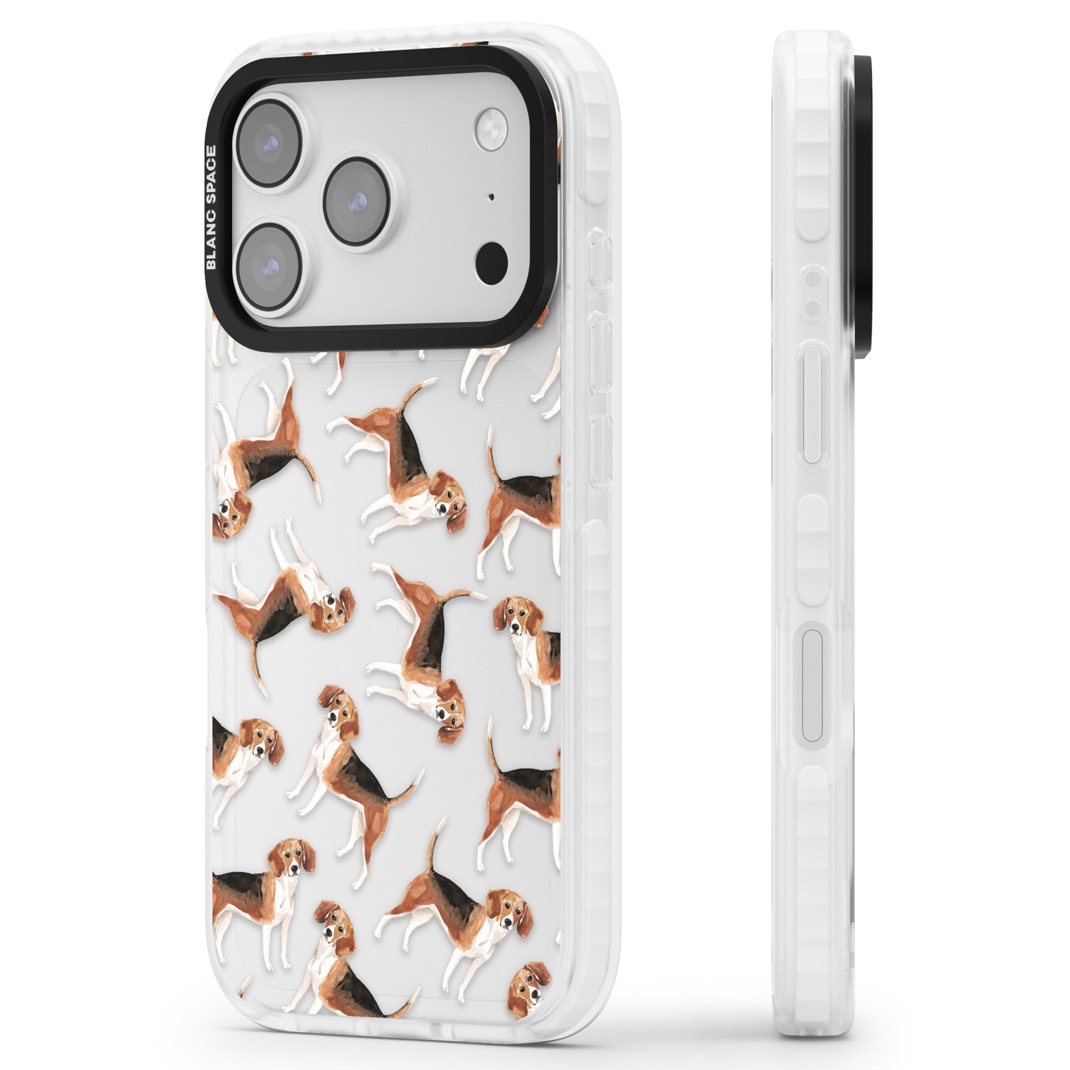 Beagle Watercolor Pattern iPhone 17 Pro Max Impact Clear Phone Case Side Profile