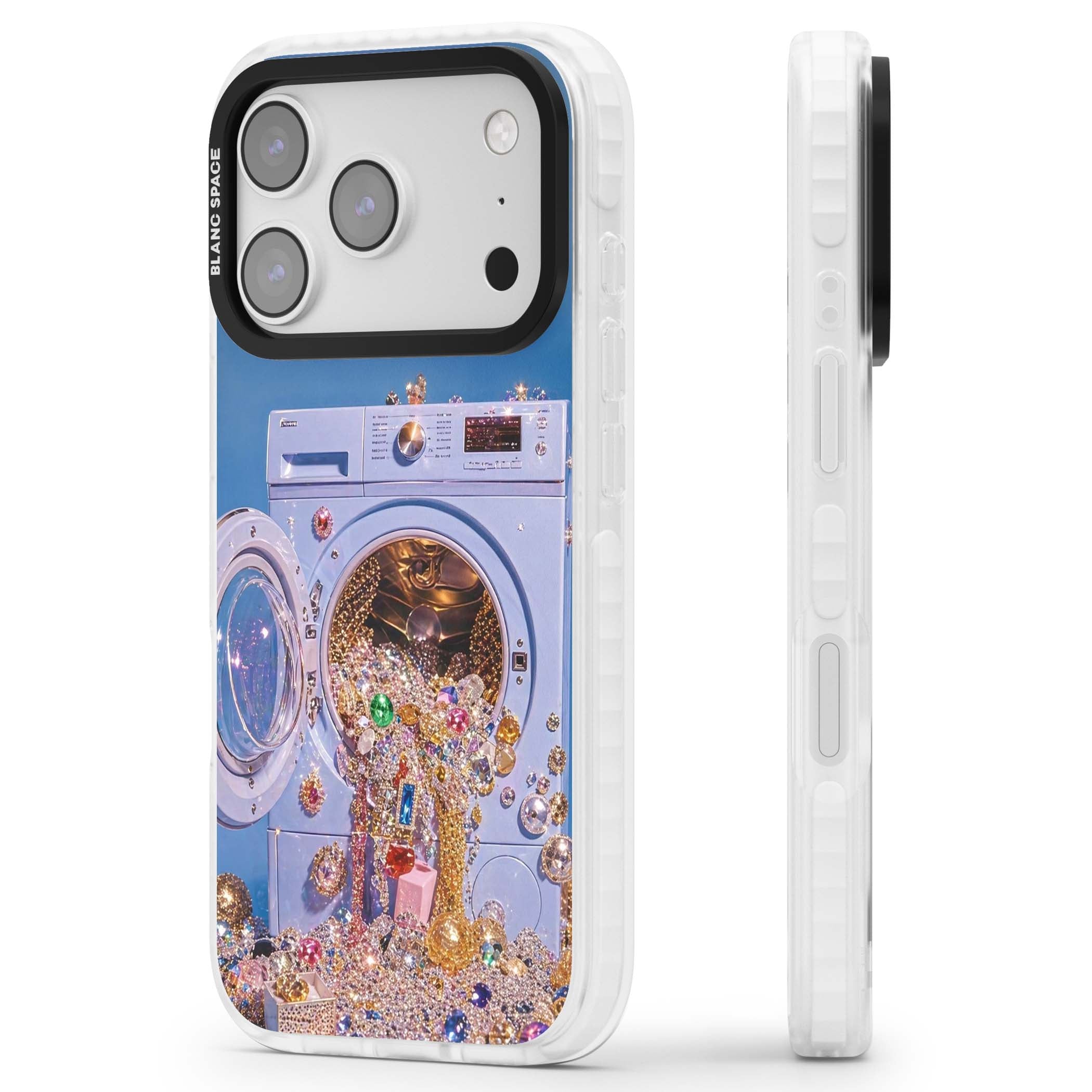 Gem Laundry baddie iPhone case featuring a surreal washing machine overflowing with colourful gemstones and crystals | Black Impact case for iPhone 17 Pro, iPhone 17 Pro Max