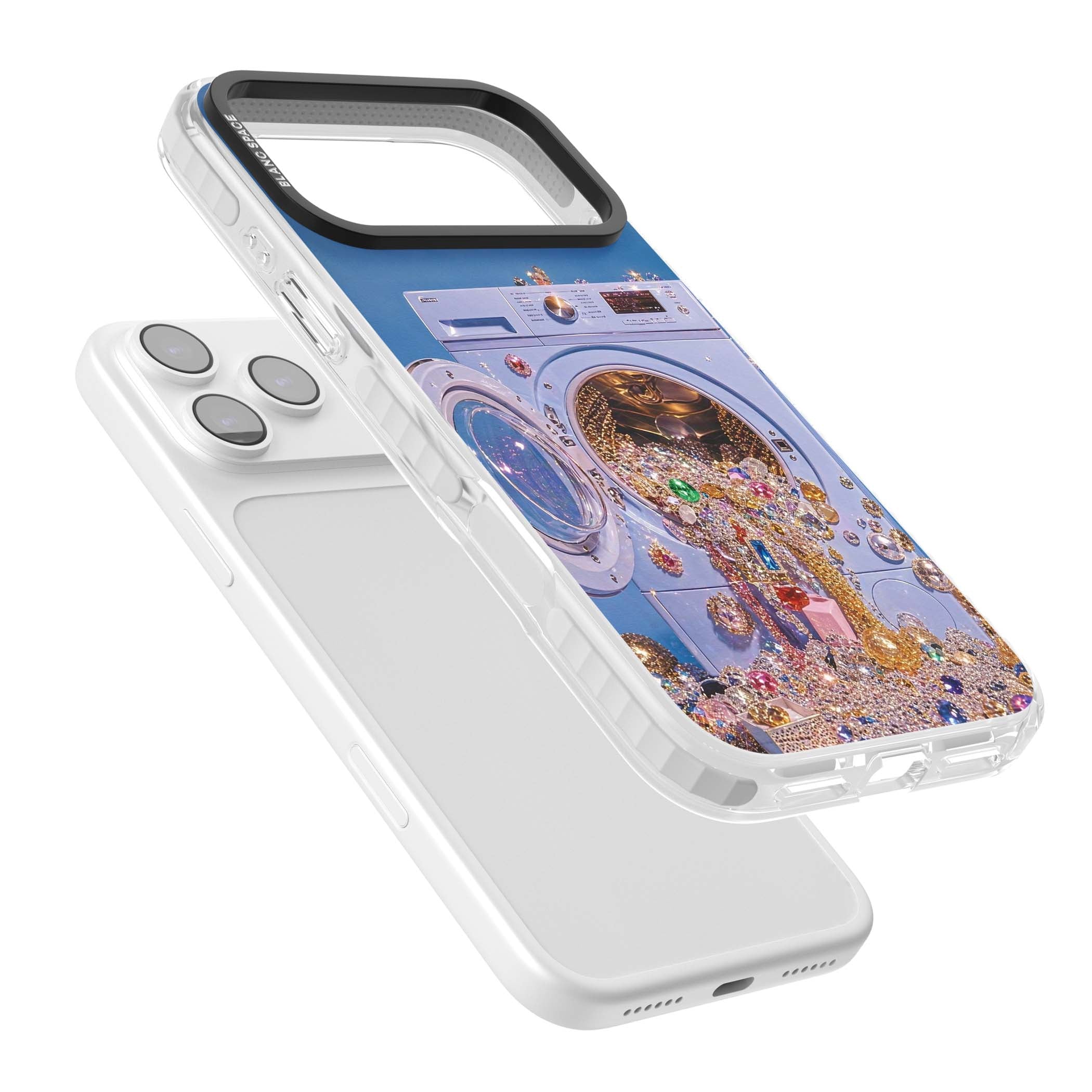 Gem Laundry baddie iPhone case featuring a surreal washing machine overflowing with colourful gemstones and crystals | Black Impact case for iPhone 17 Pro, iPhone 17 Pro Max