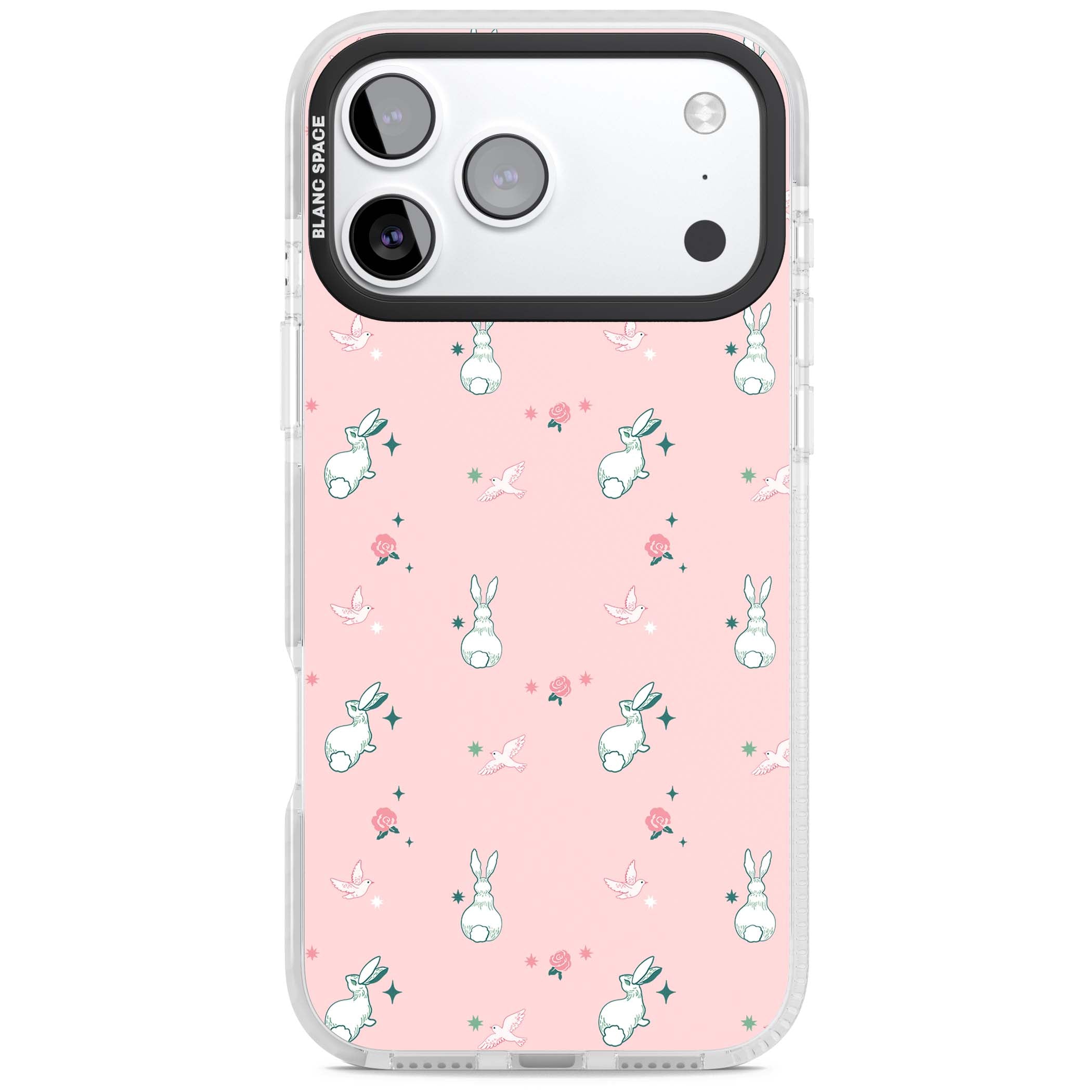 Bunny Garden kawaii iPhone case featuring white rabbits, pink roses, doves and stars on pink background | Black Impact case for iPhone 17 Pro, iPhone 17 Pro Max