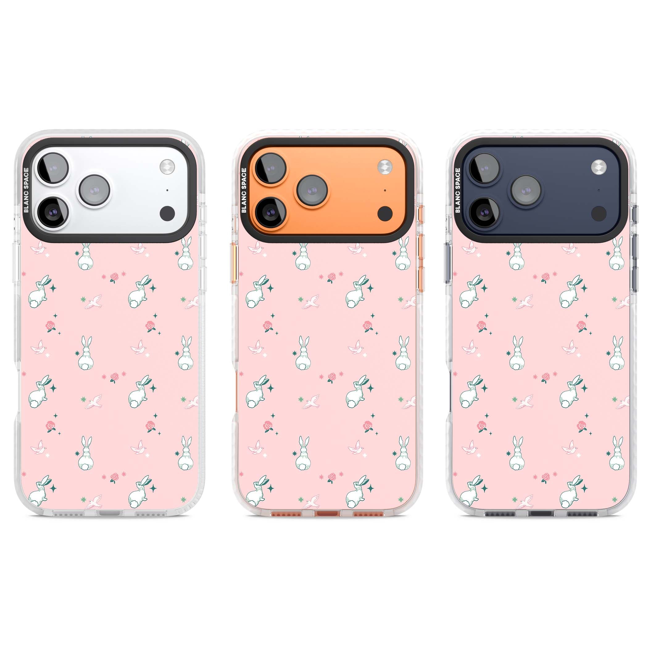 Bunny Garden kawaii iPhone case featuring white rabbits, pink roses, doves and stars on pink background | Black Impact case for iPhone 17 Pro, iPhone 17 Pro Max