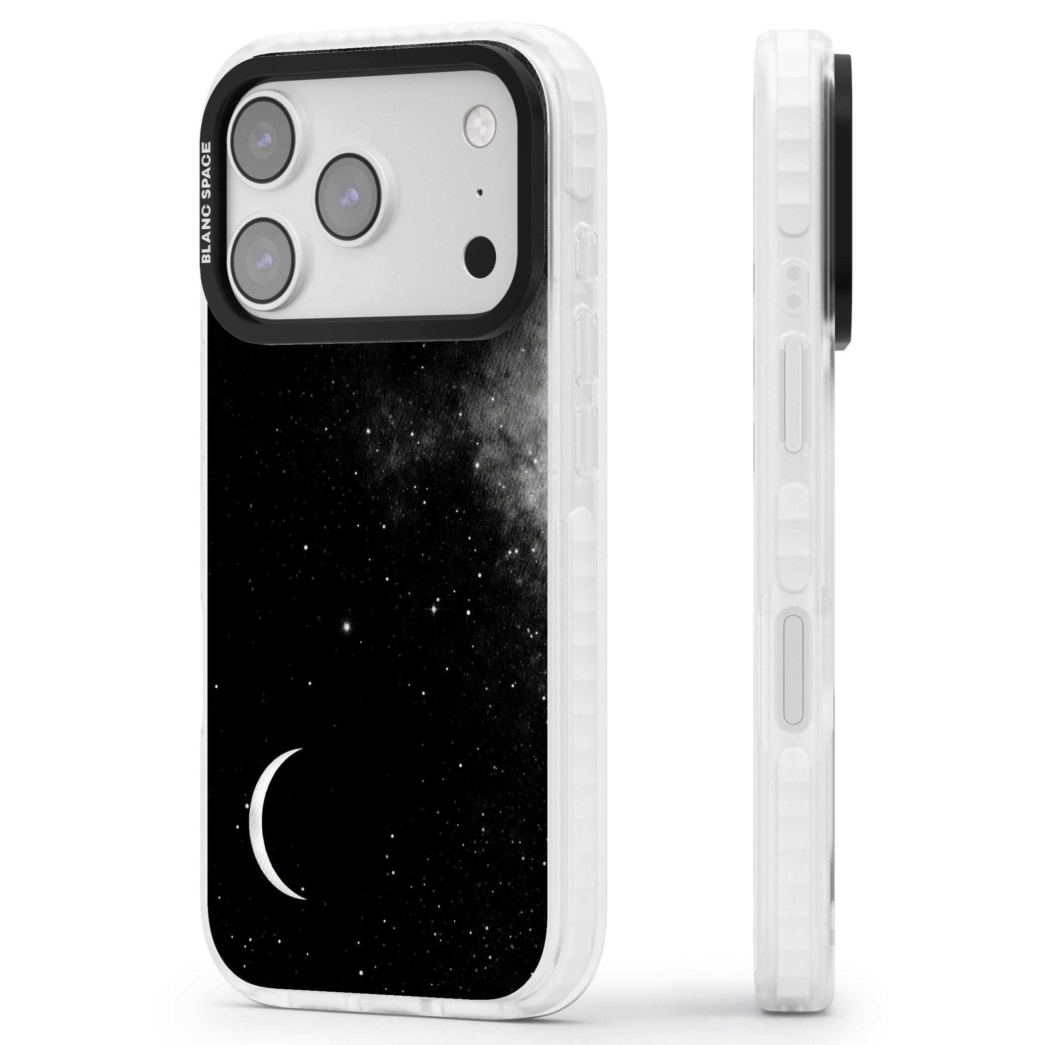 Night Sky Galaxies: Crescent Moon iPhone 17 Pro Impact Clear Phone Case Side Profile