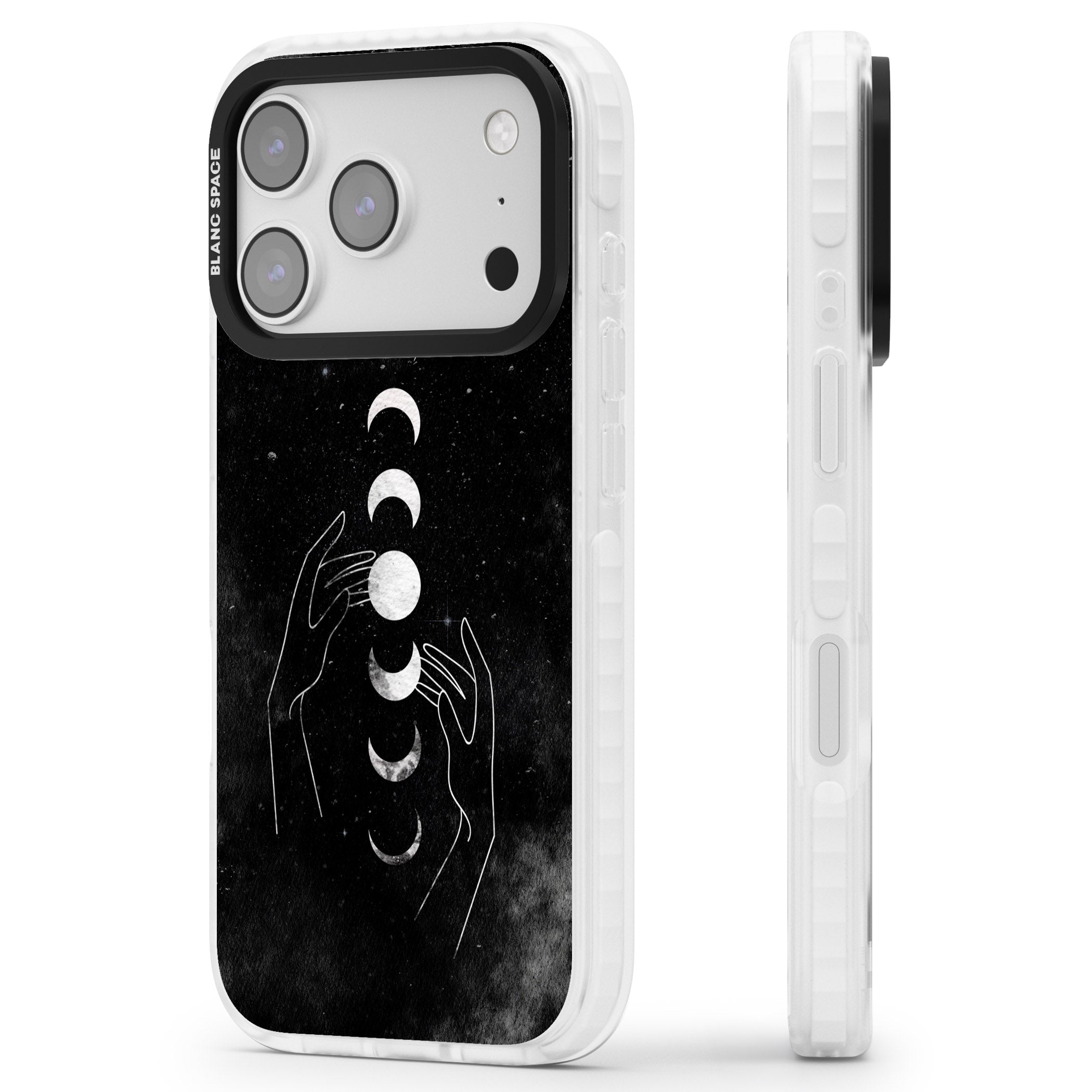 Moon Phases Hands iPhone 17 Pro Impact Clear Phone Case Side Profile