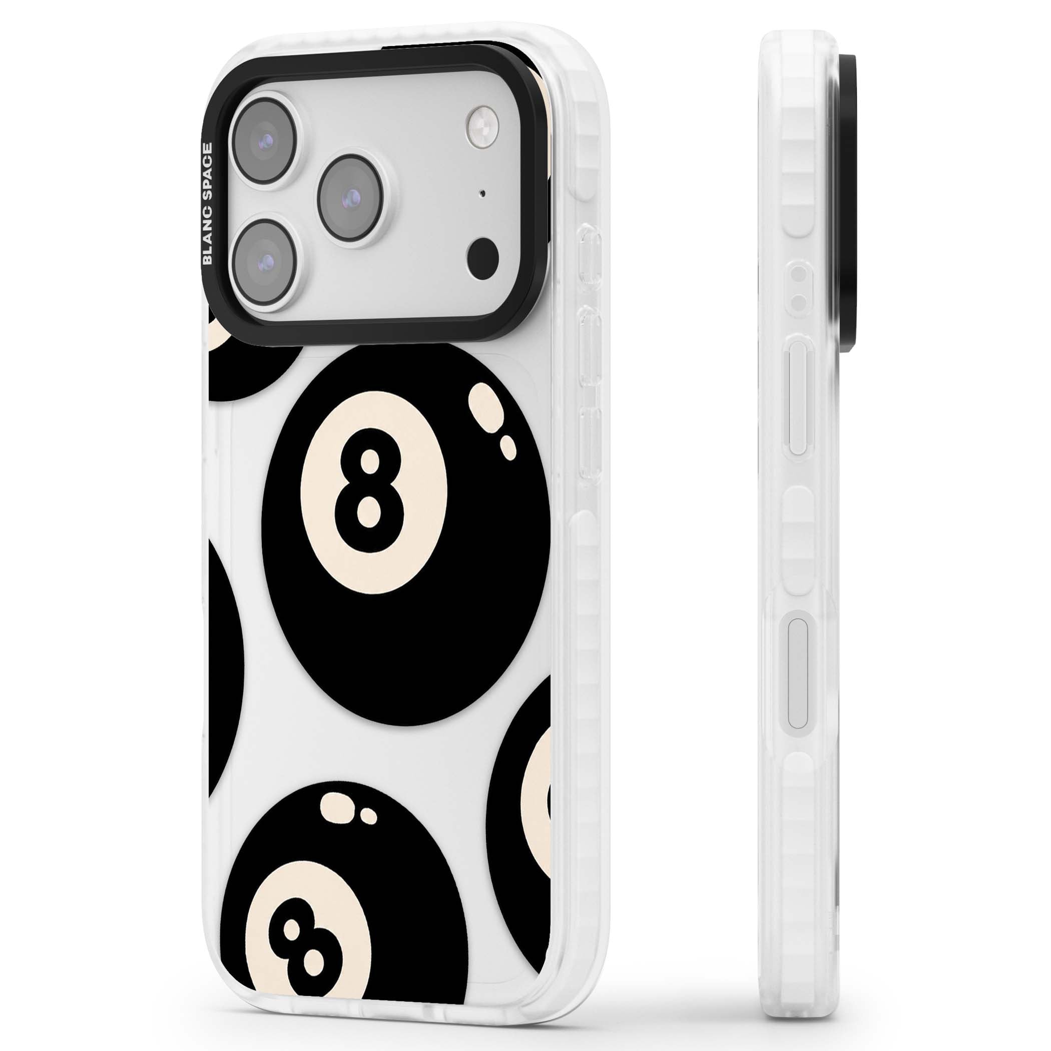 Eights y2k iPhone case featuring scattered black 8 balls with cream highlights on a clear background | Black Impact case for iPhone 17 Pro, iPhone 17 Pro Max
