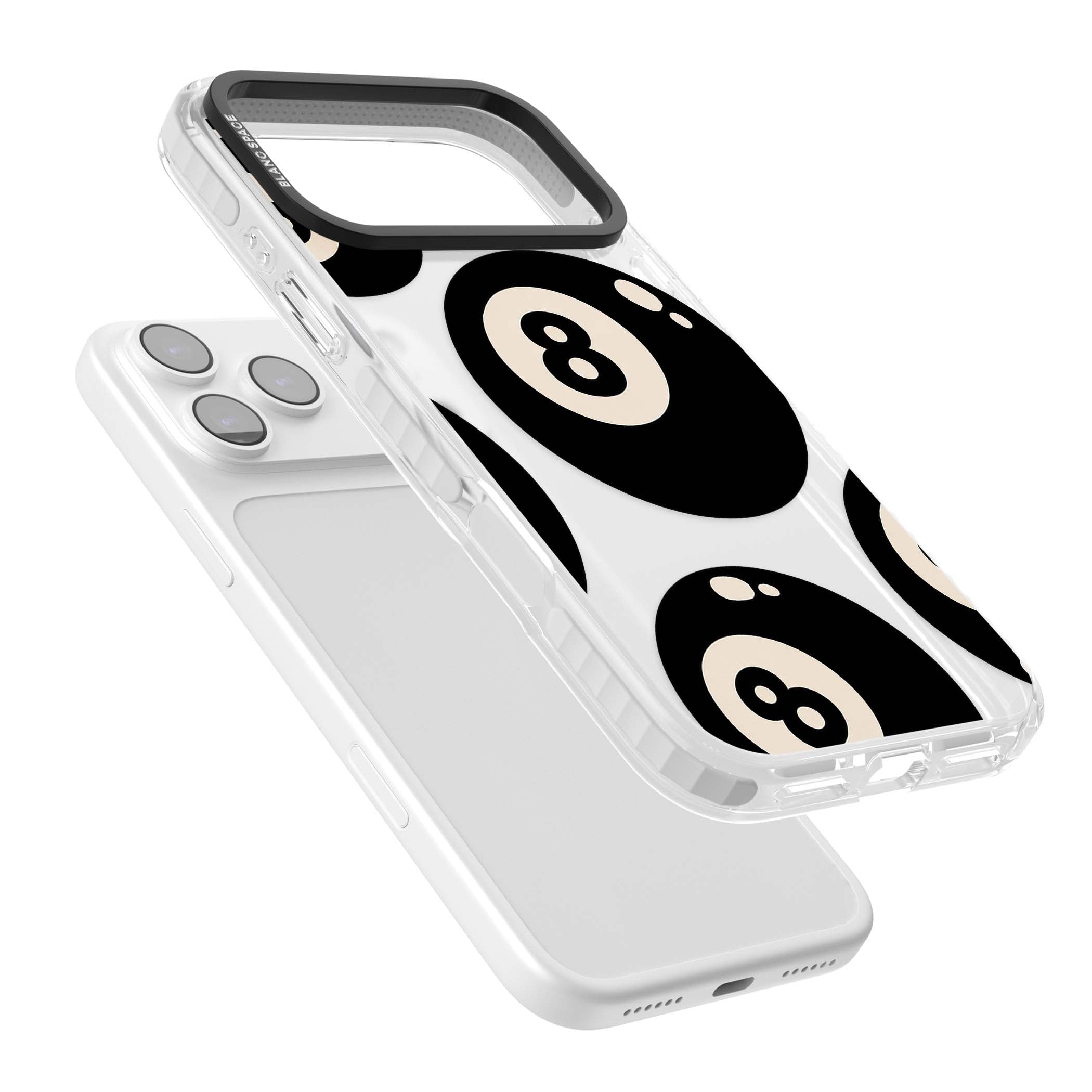 Eights y2k iPhone case featuring scattered black 8 balls with cream highlights on a clear background | Black Impact case for iPhone 17 Pro, iPhone 17 Pro Max