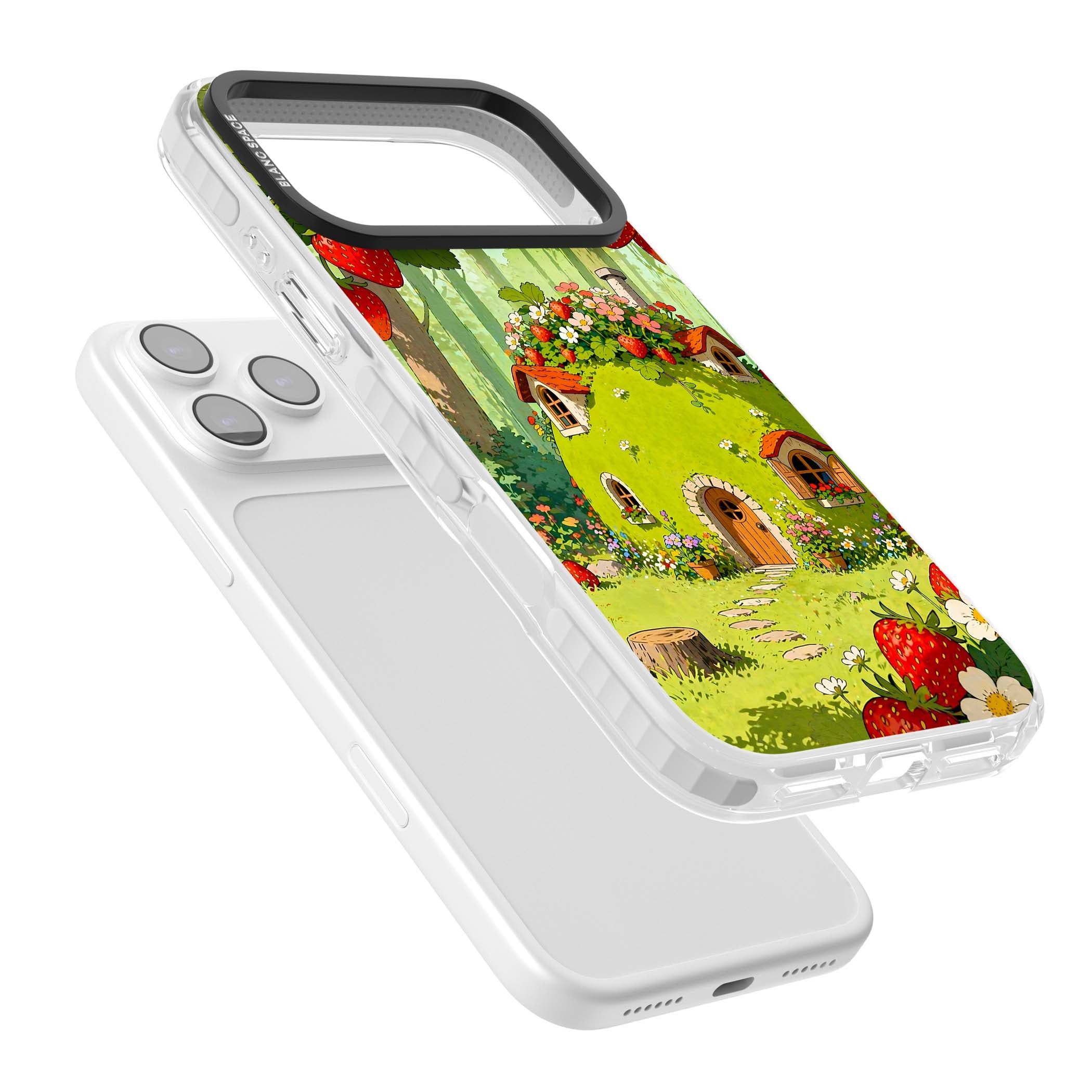 Strawberry Cottage cottagecore iPhone case featuring a green fairy house, wild strawberries and enchanted forest flowers | Black Impact case for iPhone 17 Pro, iPhone 17 Pro Max