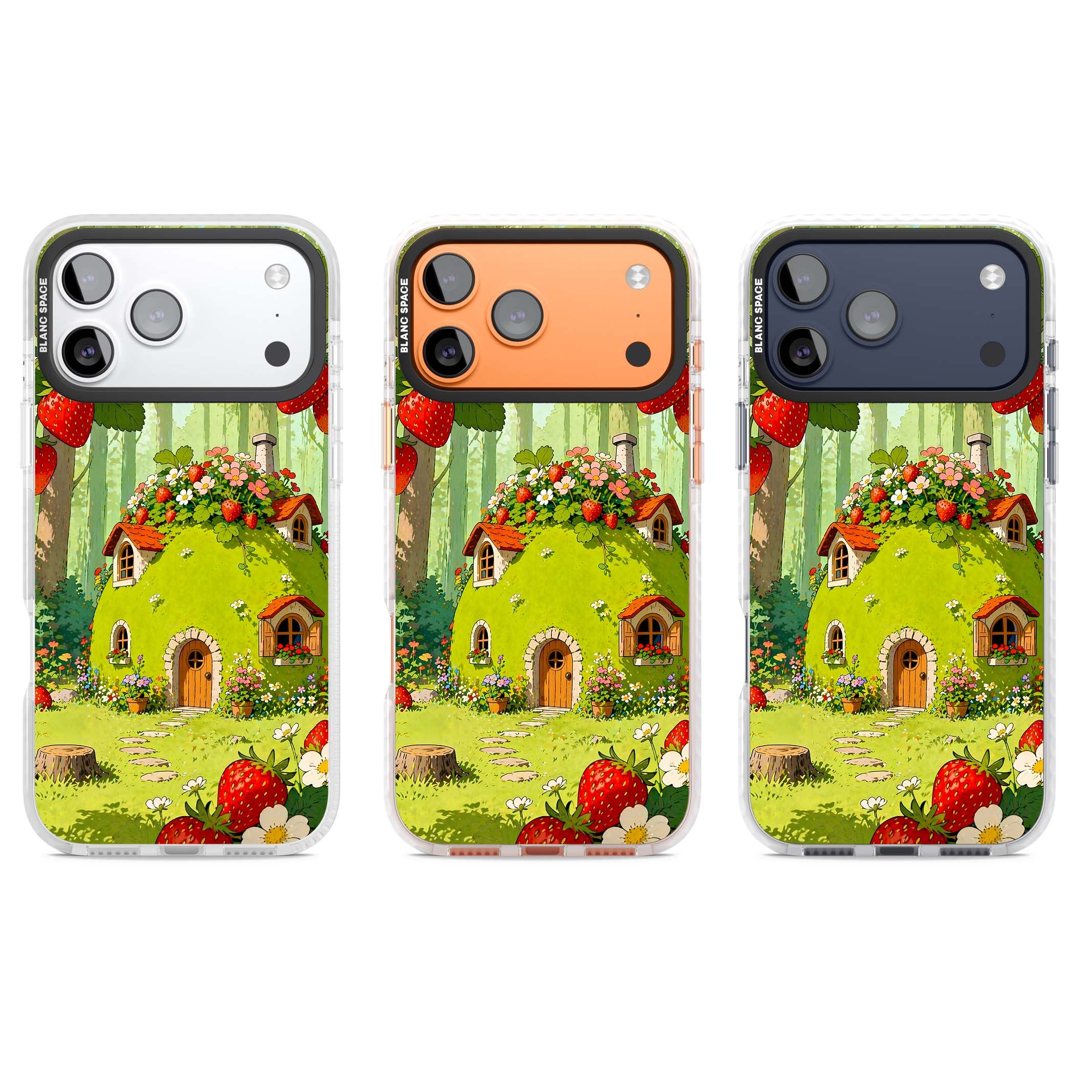 Strawberry Cottage cottagecore iPhone case featuring a green fairy house, wild strawberries and enchanted forest flowers | Black Impact case for iPhone 17 Pro, iPhone 17 Pro Max