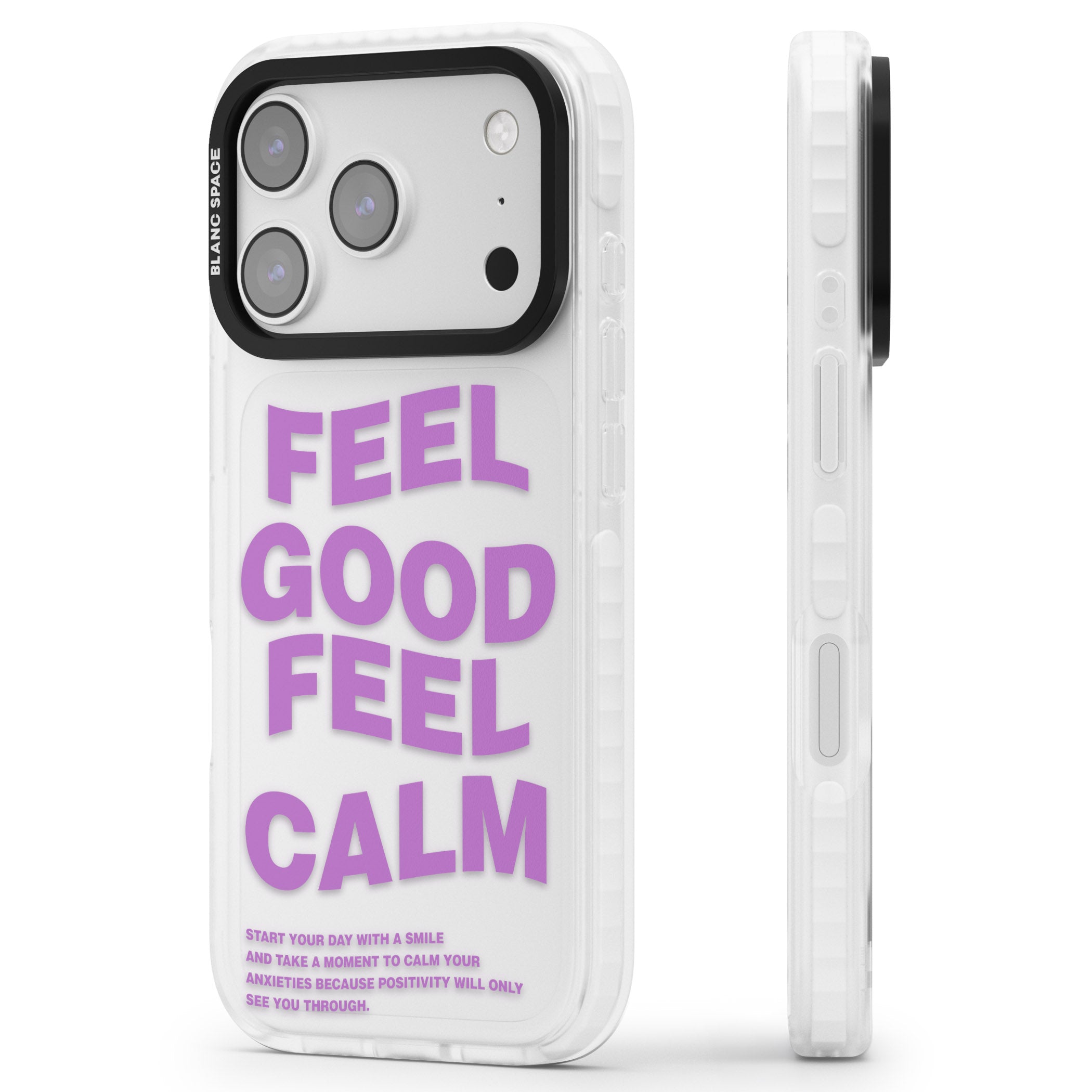 Feel Good Feel Calm (Purple) iPhone 17 Pro Impact Clear Phone Case Side Profile