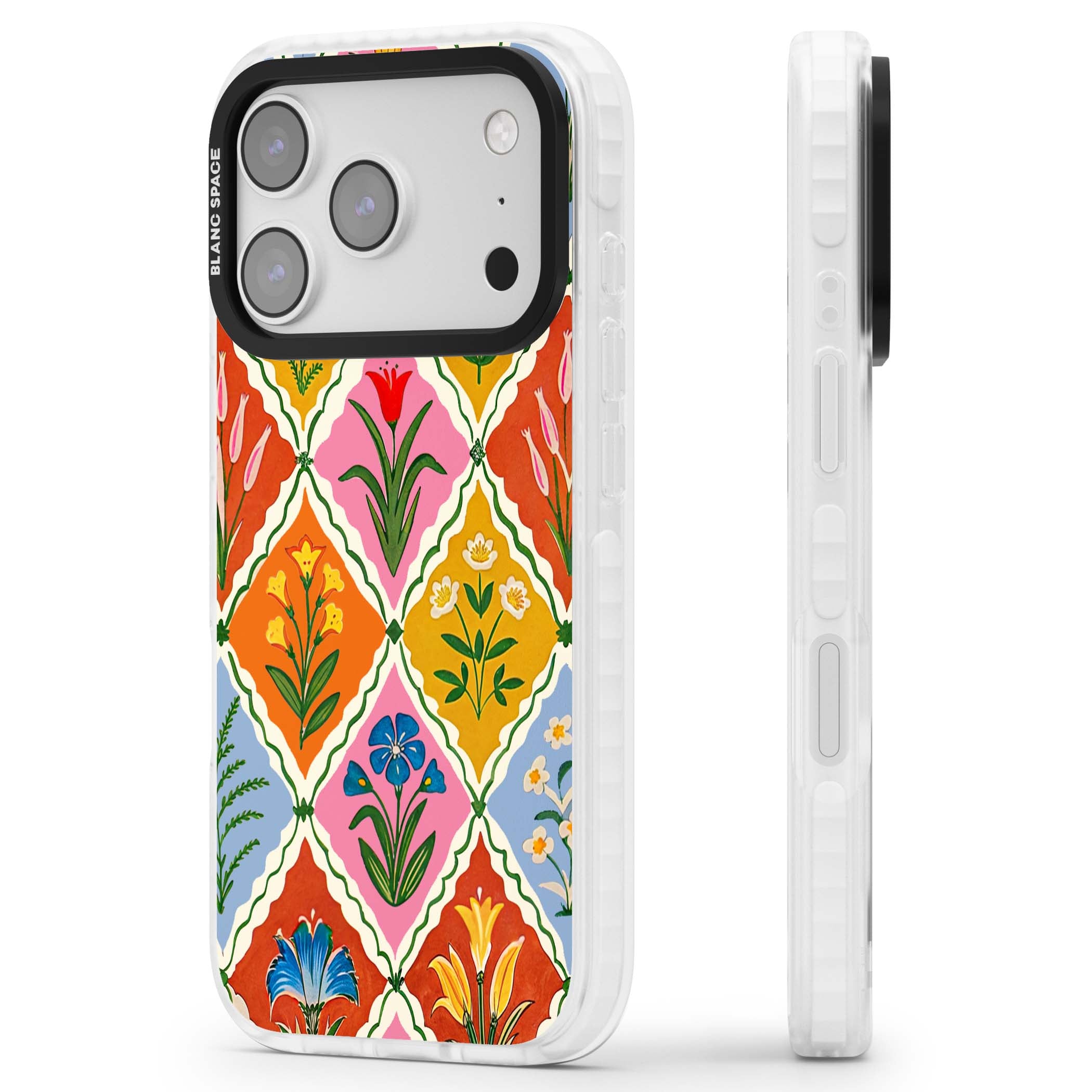 Floral Quilt boho floral iPhone case featuring diamond lattice pattern, hand-painted tulips and folk art wildflowers | Black Impact case for iPhone 17 Pro, iPhone 17 Pro Max