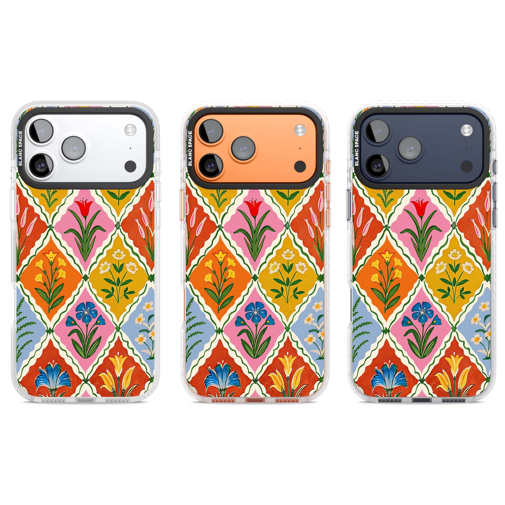 Floral Quilt boho floral iPhone case featuring diamond lattice pattern, hand-painted tulips and folk art wildflowers | Black Impact case for iPhone 17 Pro, iPhone 17 Pro Max