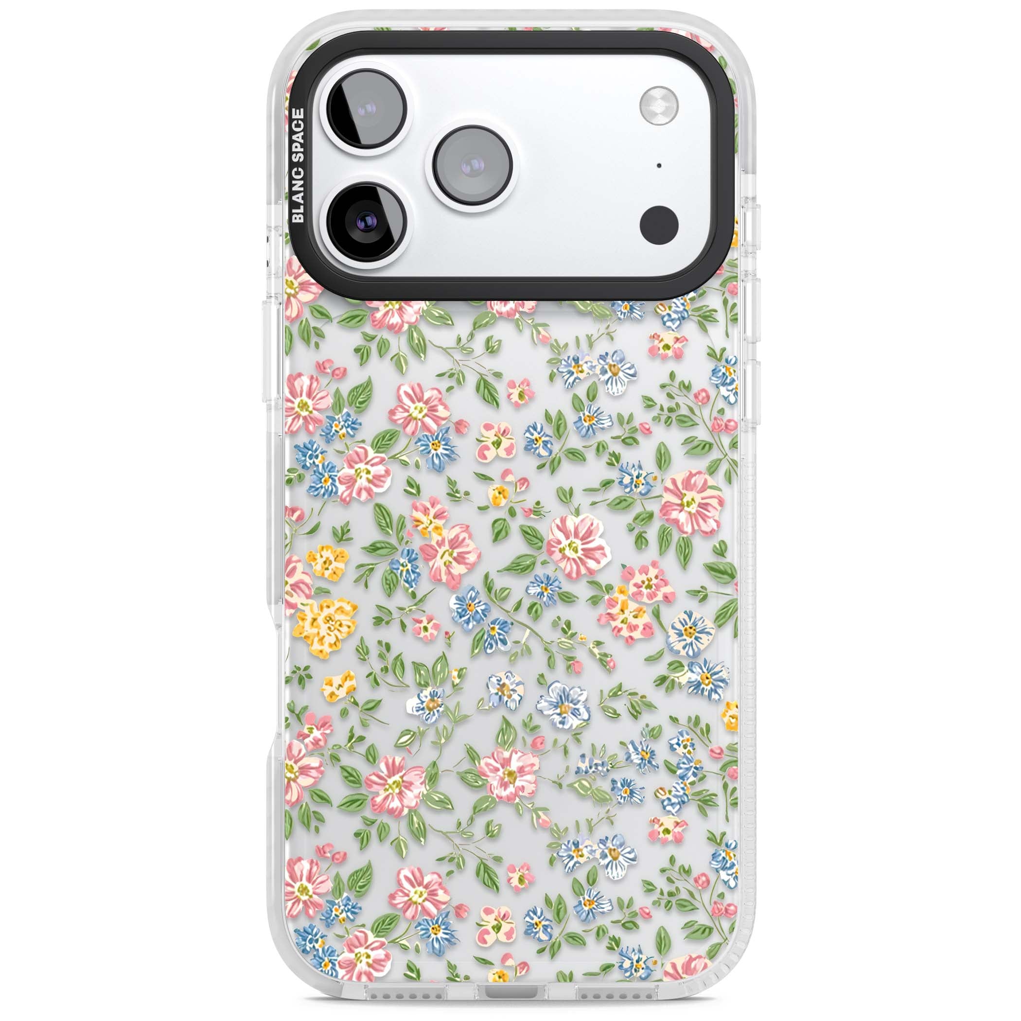 Soft Meadow cottagecore iPhone case featuring pink cosmos, blue forget-me-nots, yellow buttercups and green leaves sca | Black Impact case for iPhone 17 Pro, iPhone 17 Pro Max