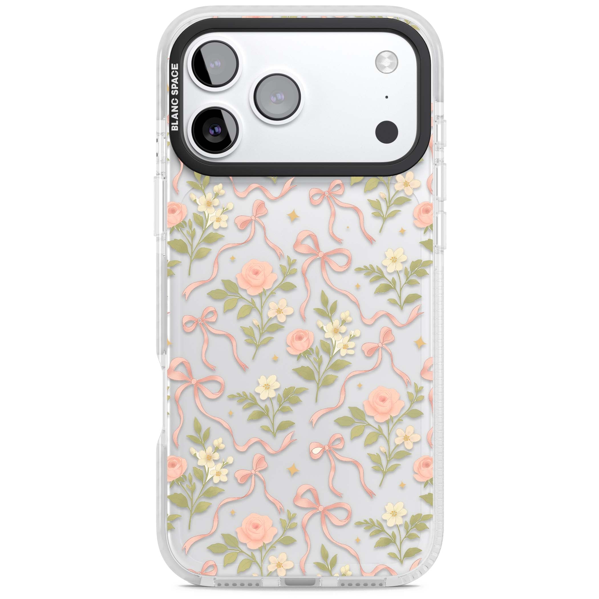 Ribbon Garden coquette iPhone case featuring pink bows, peach roses and wildflowers on white background | Black Impact case for iPhone 17 Pro, iPhone 17 Pro Max