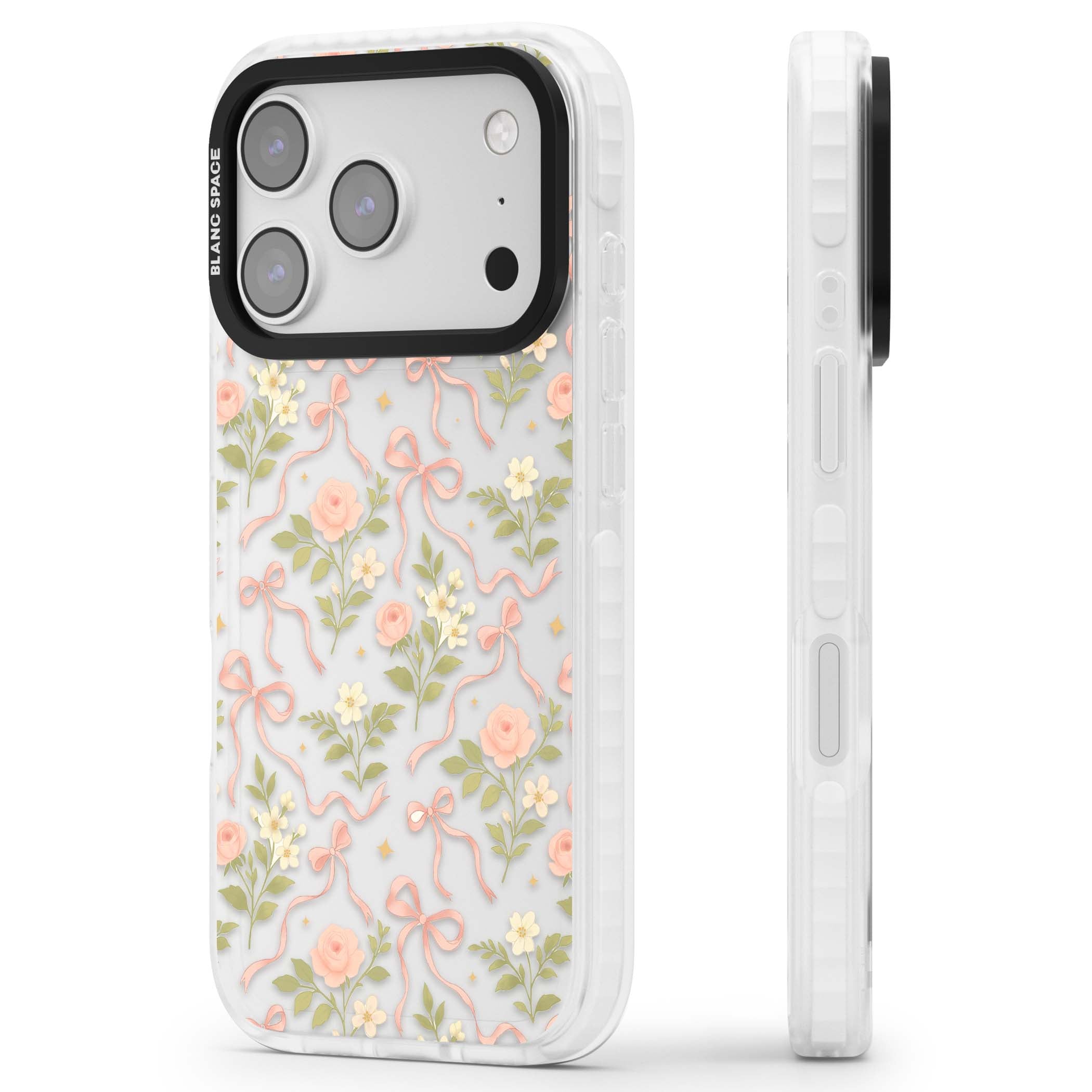 Ribbon Garden coquette iPhone case featuring pink bows, peach roses and wildflowers on white background | Black Impact case for iPhone 17 Pro, iPhone 17 Pro Max