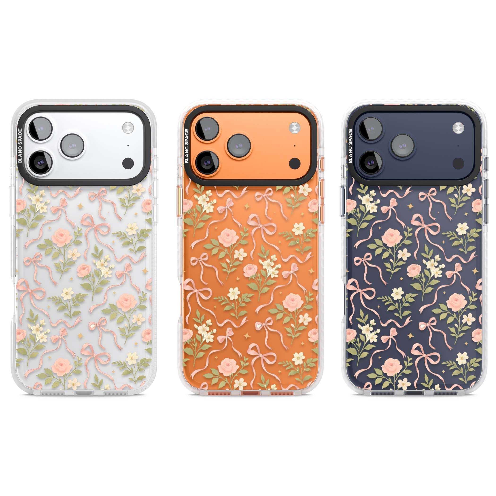 Ribbon Garden coquette iPhone case featuring pink bows, peach roses and wildflowers on white background | Black Impact case for iPhone 17 Pro, iPhone 17 Pro Max