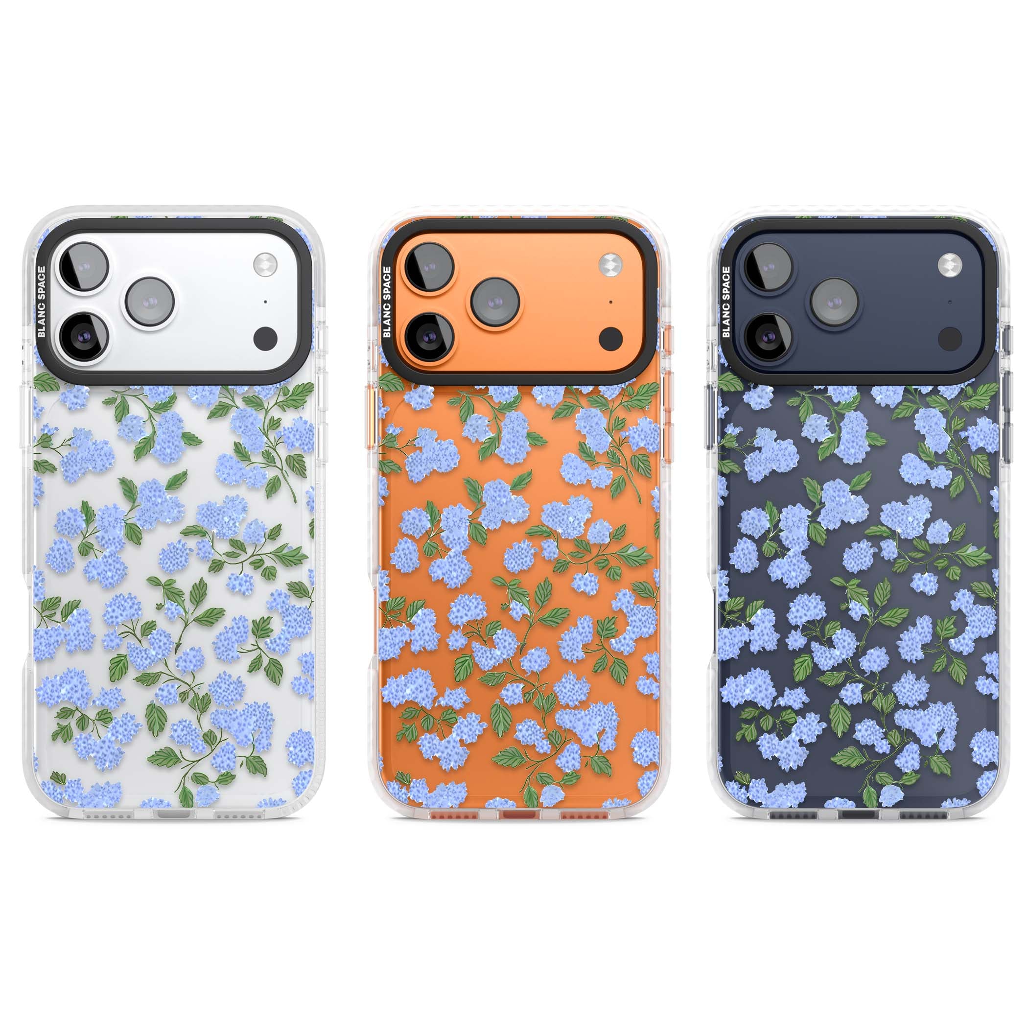 Hydrangea Dreams cottagecore iPhone case featuring soft blue hydrangea flower clusters and green leaves | Black Impact case for iPhone 17 Pro, iPhone 17 Pro Max