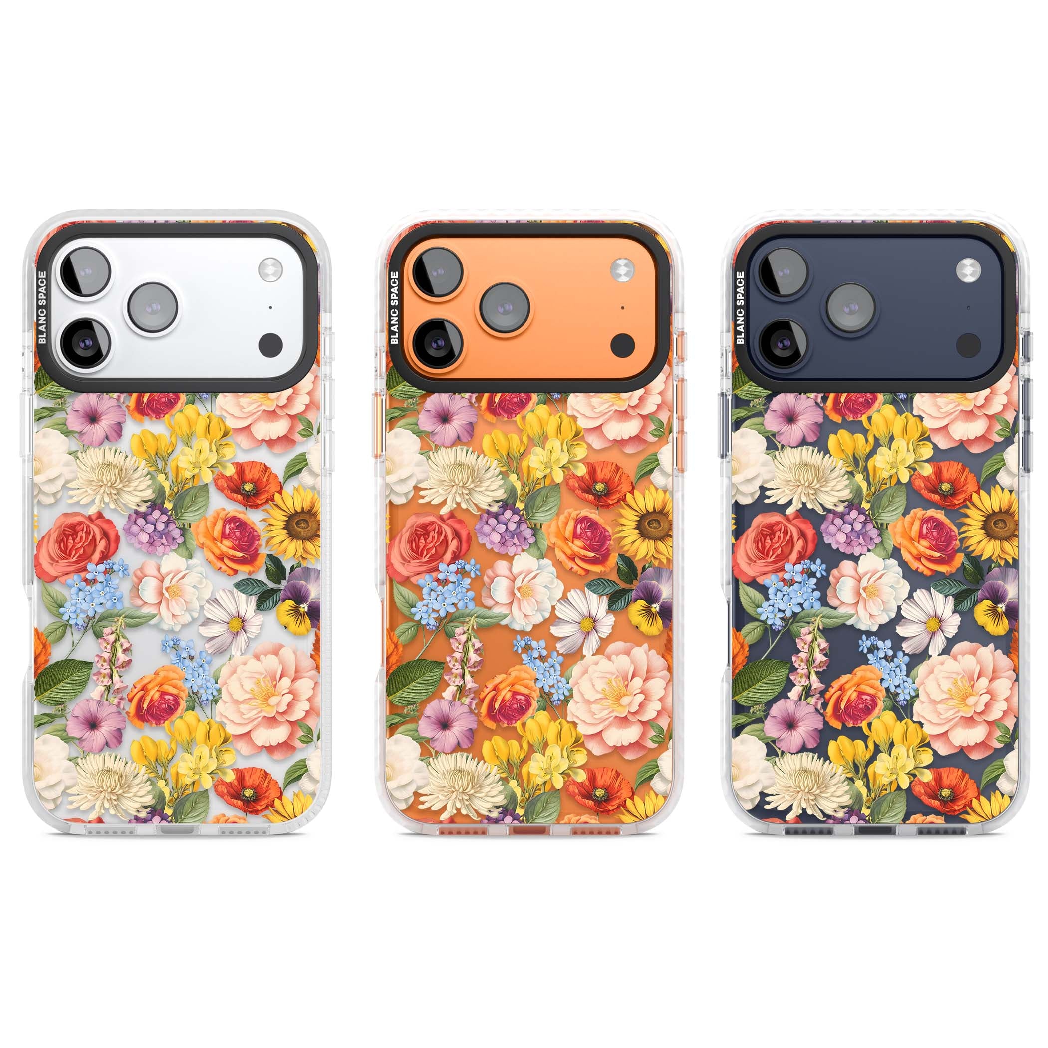 Bloom Basket floral iPhone case featuring cottage garden flowers including peonies, sunflowers, and wildflowers in pastel col | Black Impact case for iPhone 17 Pro, iPhone 17 Pro Max