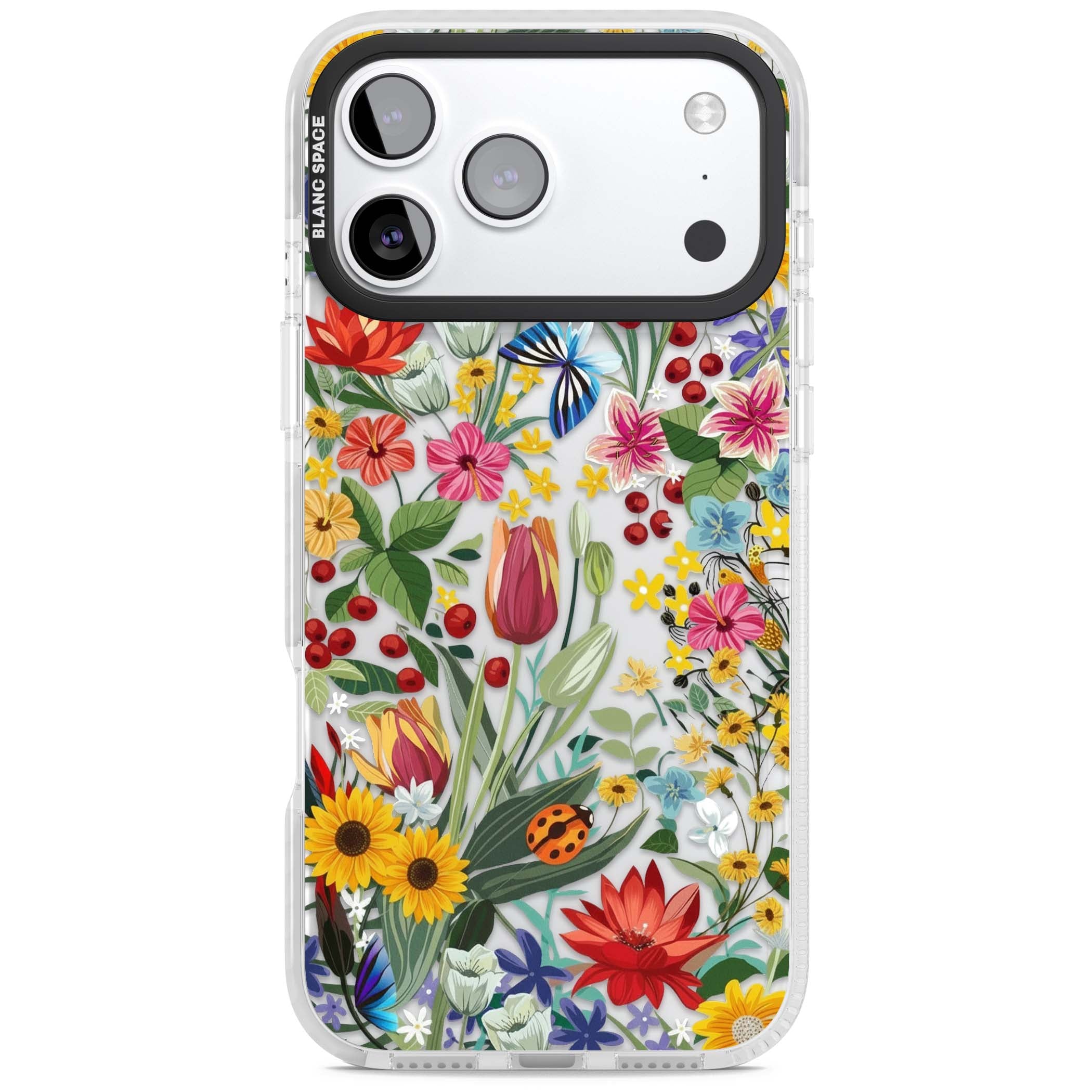 Botanical Bloom cottagecore iPhone case featuring colorful wildflowers, sunflowers, and ladybugs on clear background | Black Impact case for iPhone 17 Pro, iPhone 17 Pro Max
