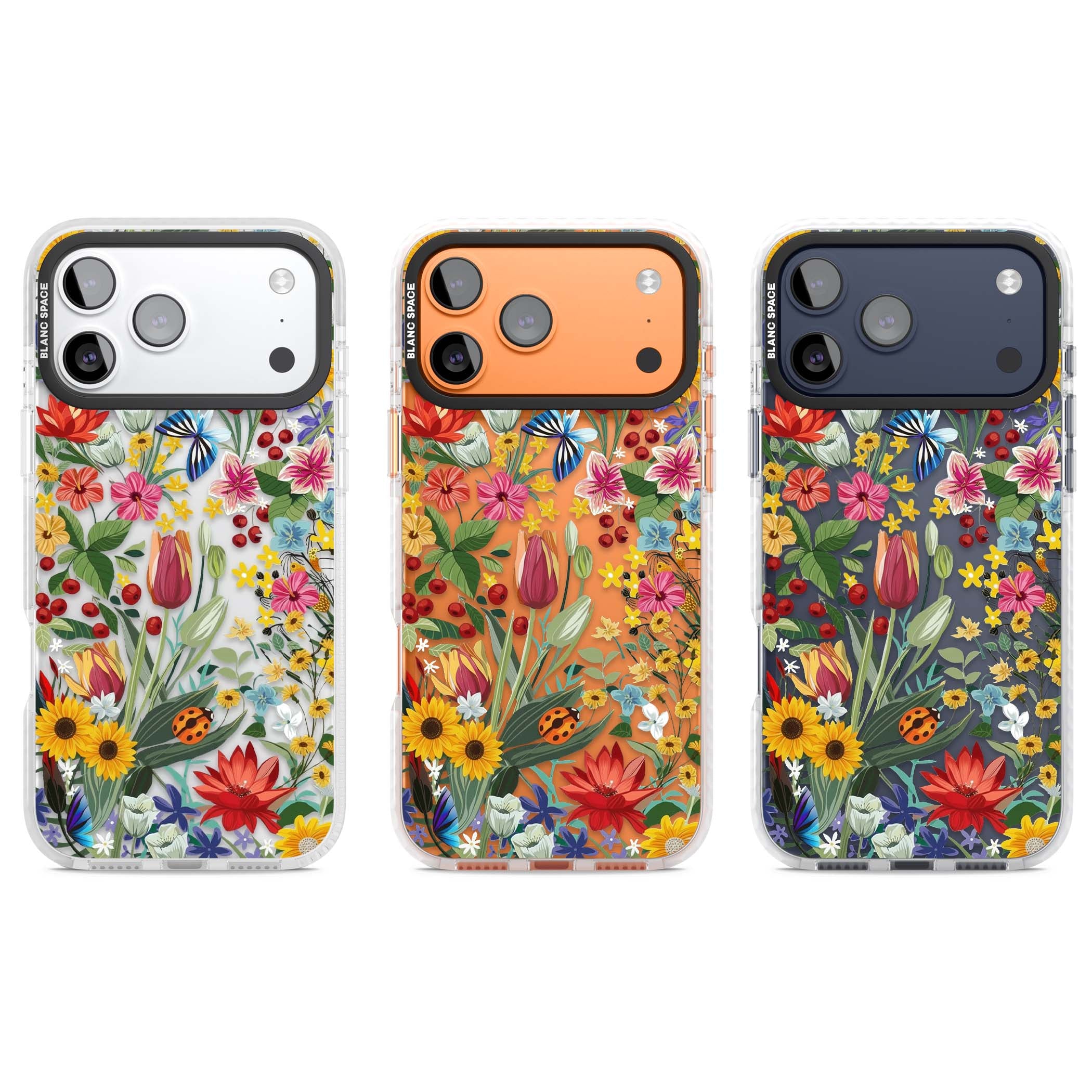 Botanical Bloom cottagecore iPhone case featuring colorful wildflowers, sunflowers, and ladybugs on clear background | Black Impact case for iPhone 17 Pro, iPhone 17 Pro Max